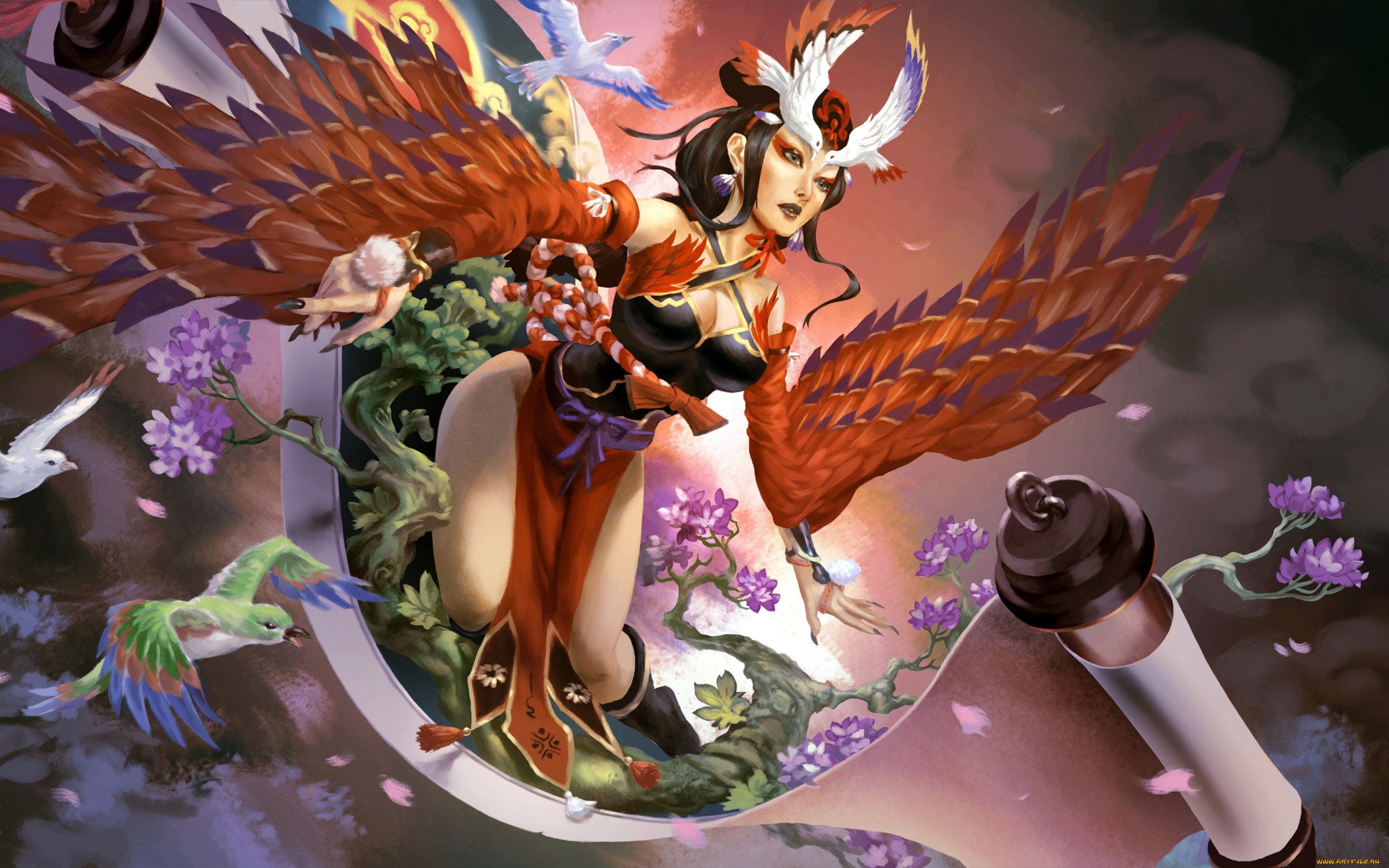 аниме, onmyouji, onmyoji, свиток, арт, птица, девушка, грудь, ноги, платье, крылья