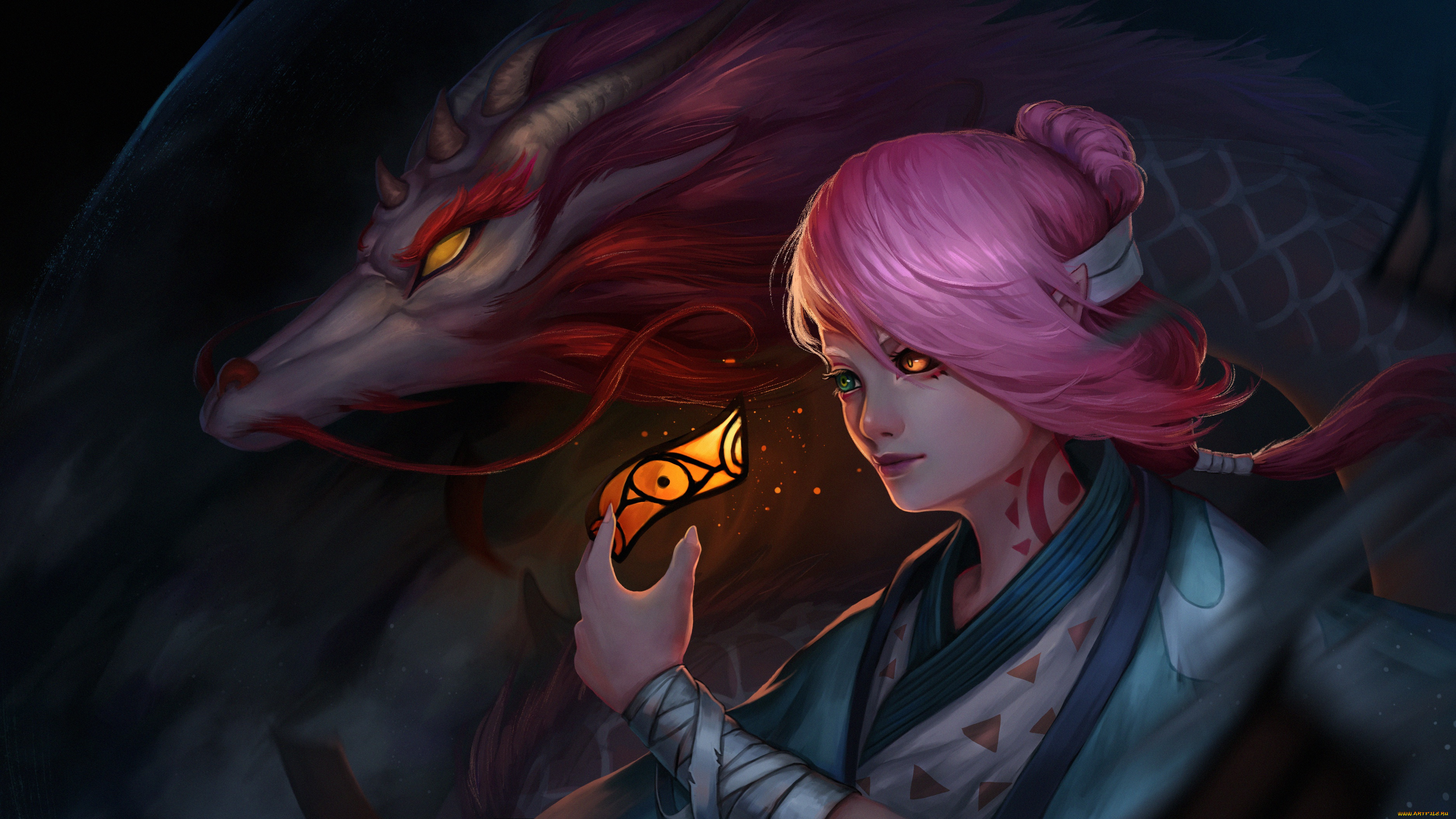 аниме, onmyouji, onmyoji, дракон, игра, девушка, арт, змей