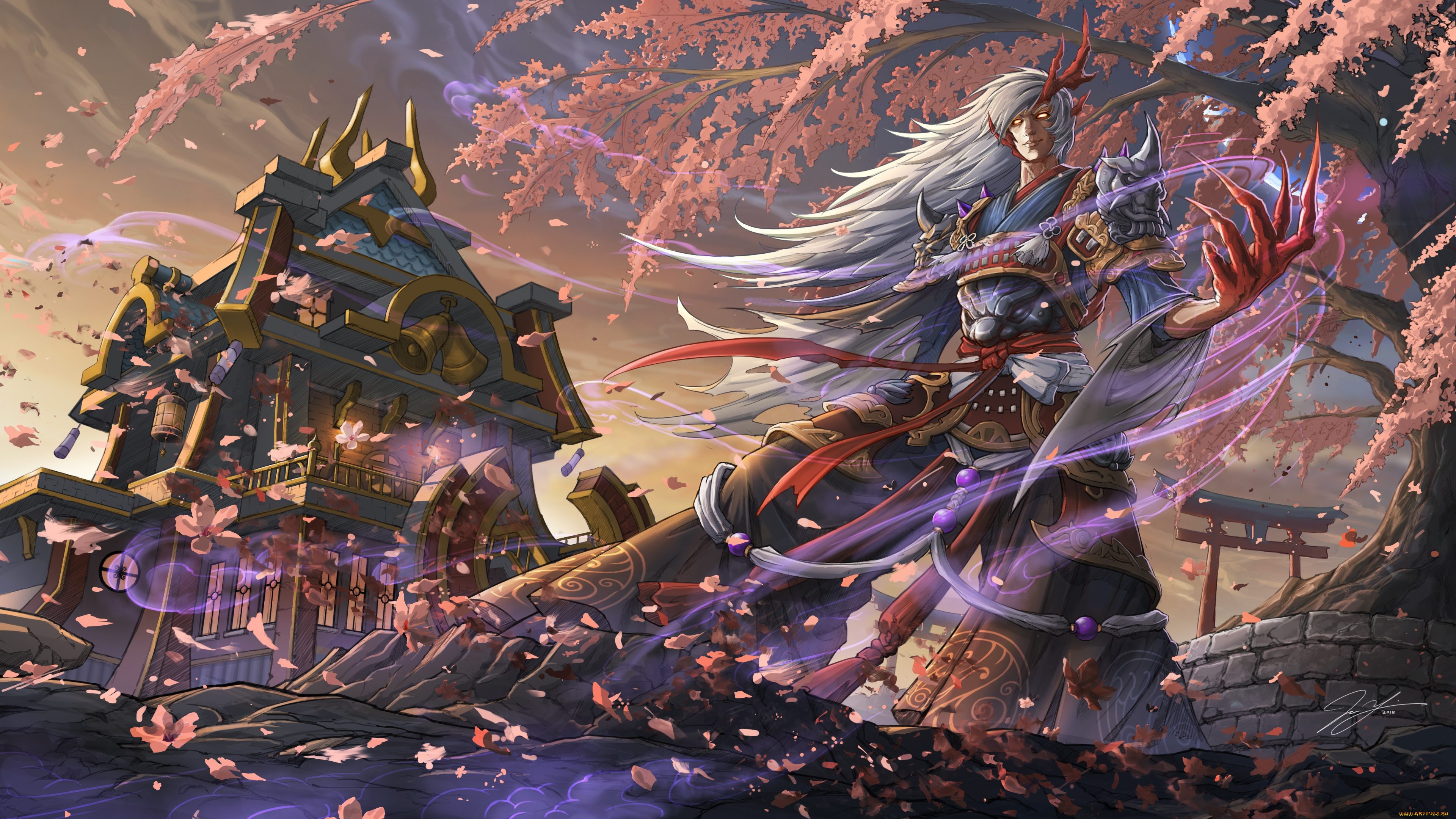 аниме, onmyouji, демон, ветер, onmyoji, дерево, blood, season, парень, арт