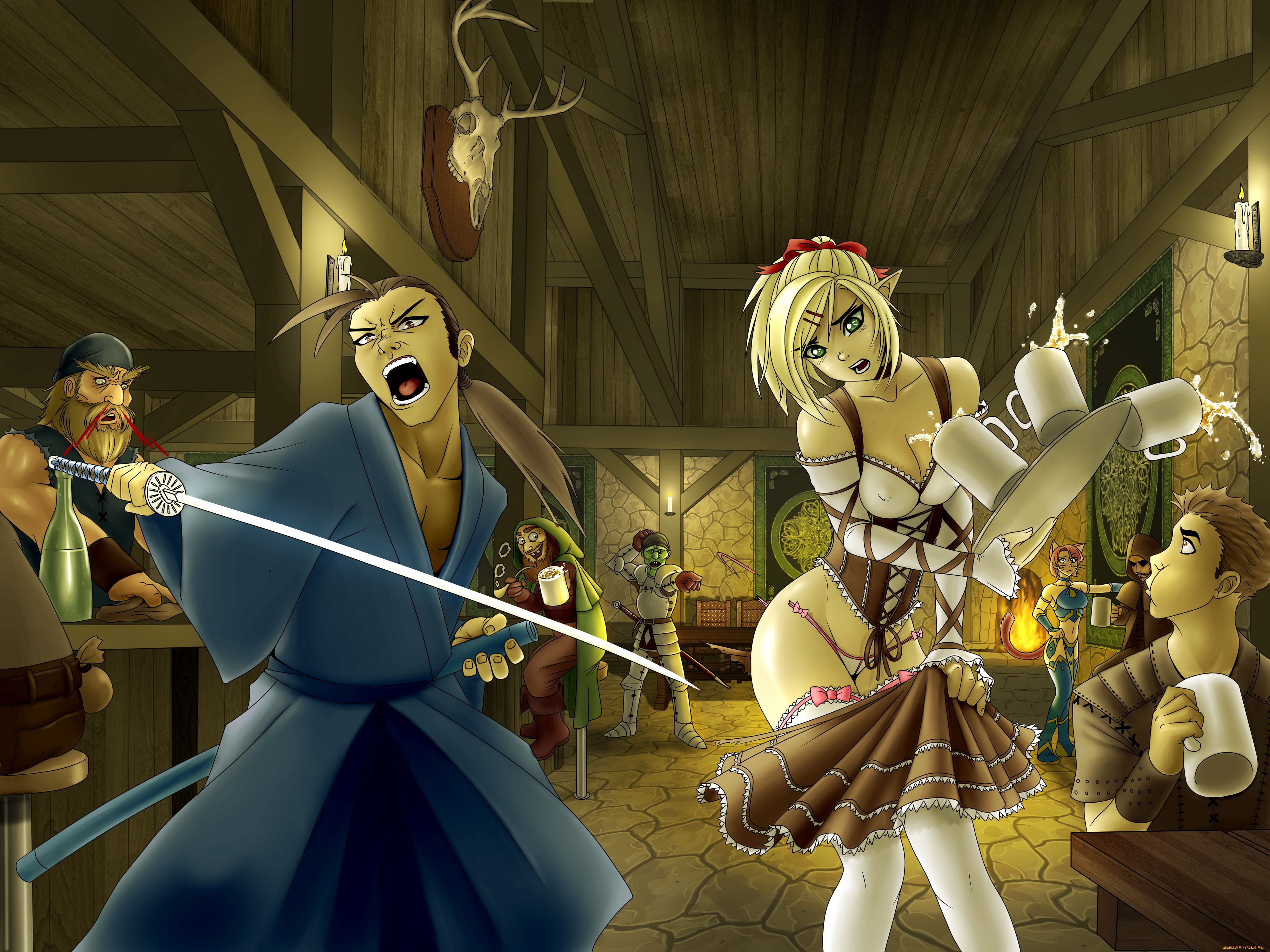 аниме, оружие, , техника, , технологии, официантка, меч, бар, фон, самурай, взгляд, девушка, мужчина