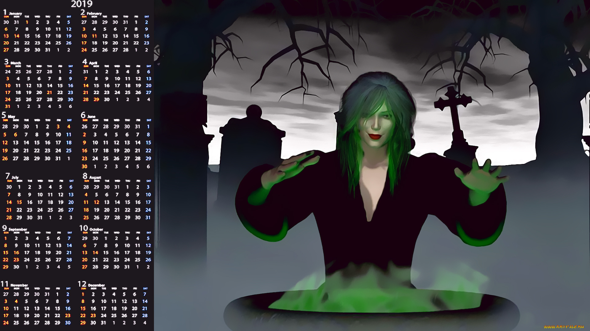 календари, 3д-графика, девушка, 2019, calendar, женщина, ворожба, колдовство, крест, котел