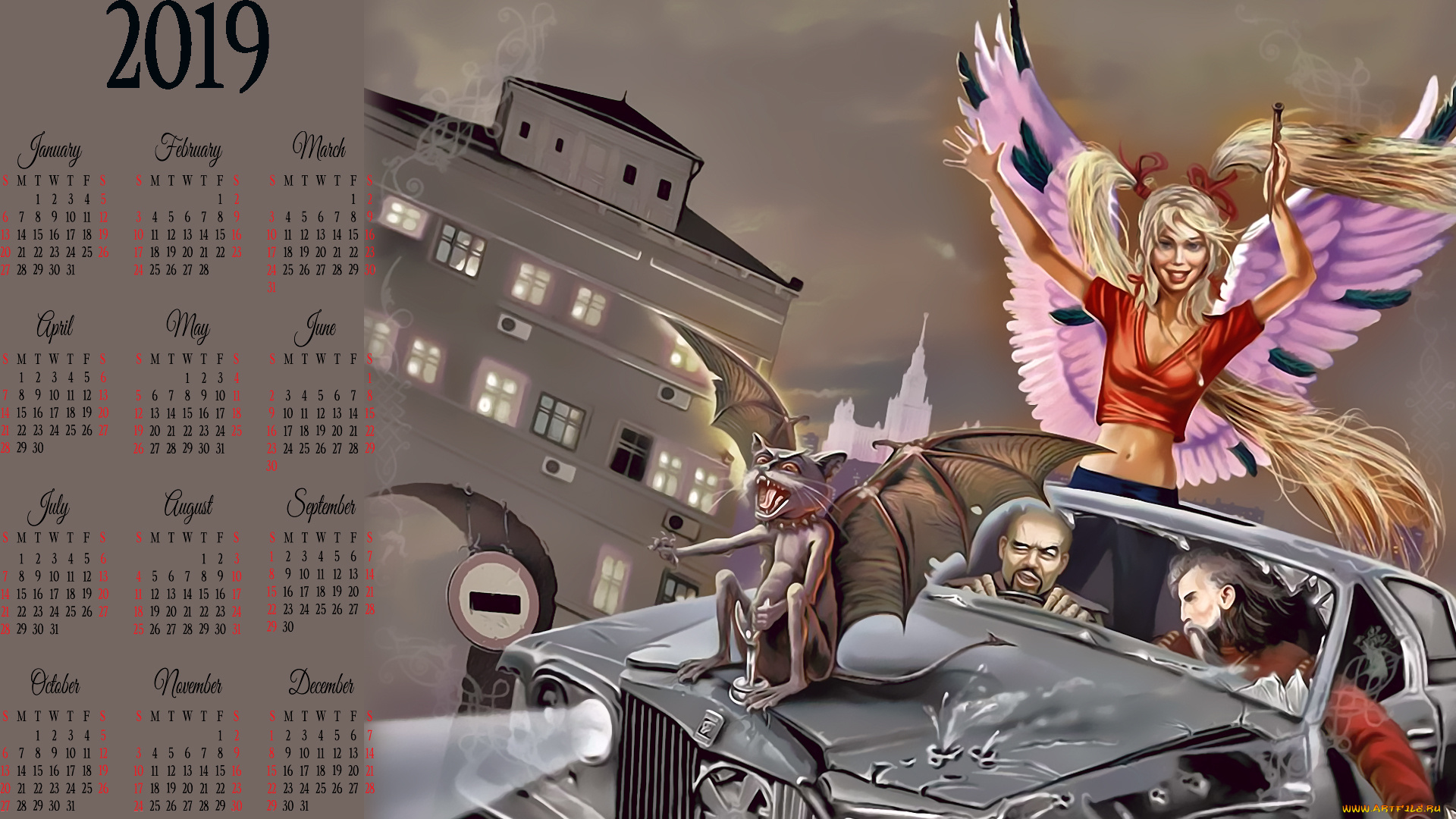 календари, фэнтези, автомобиль, 2019, крылья, девушка, мужчина, кот, женщина, calendar