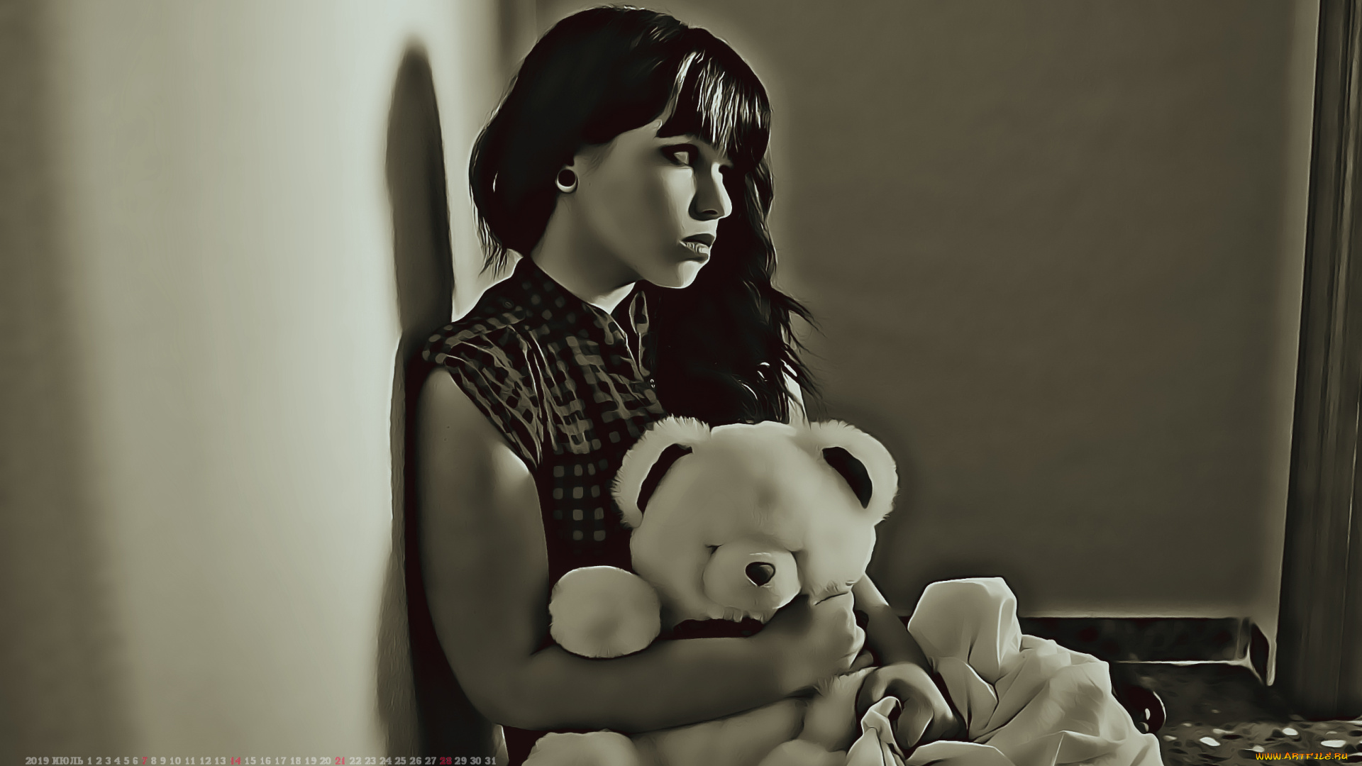 календари, компьютерный, дизайн, девушка, игрушка, медведь, профиль, мишка, calendar, сидеть, женщина, 2019