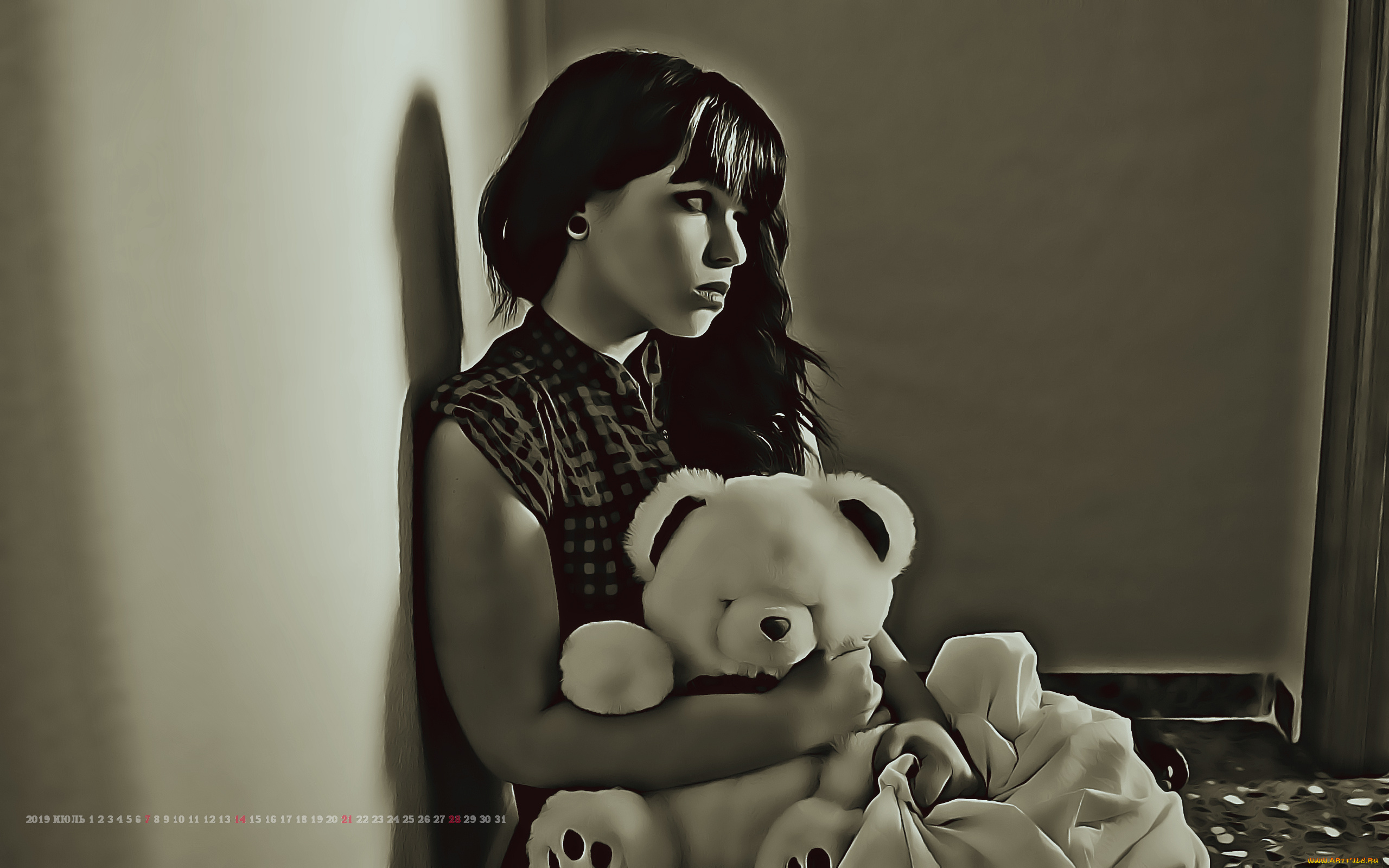 календари, компьютерный, дизайн, девушка, игрушка, медведь, профиль, мишка, calendar, сидеть, женщина, 2019