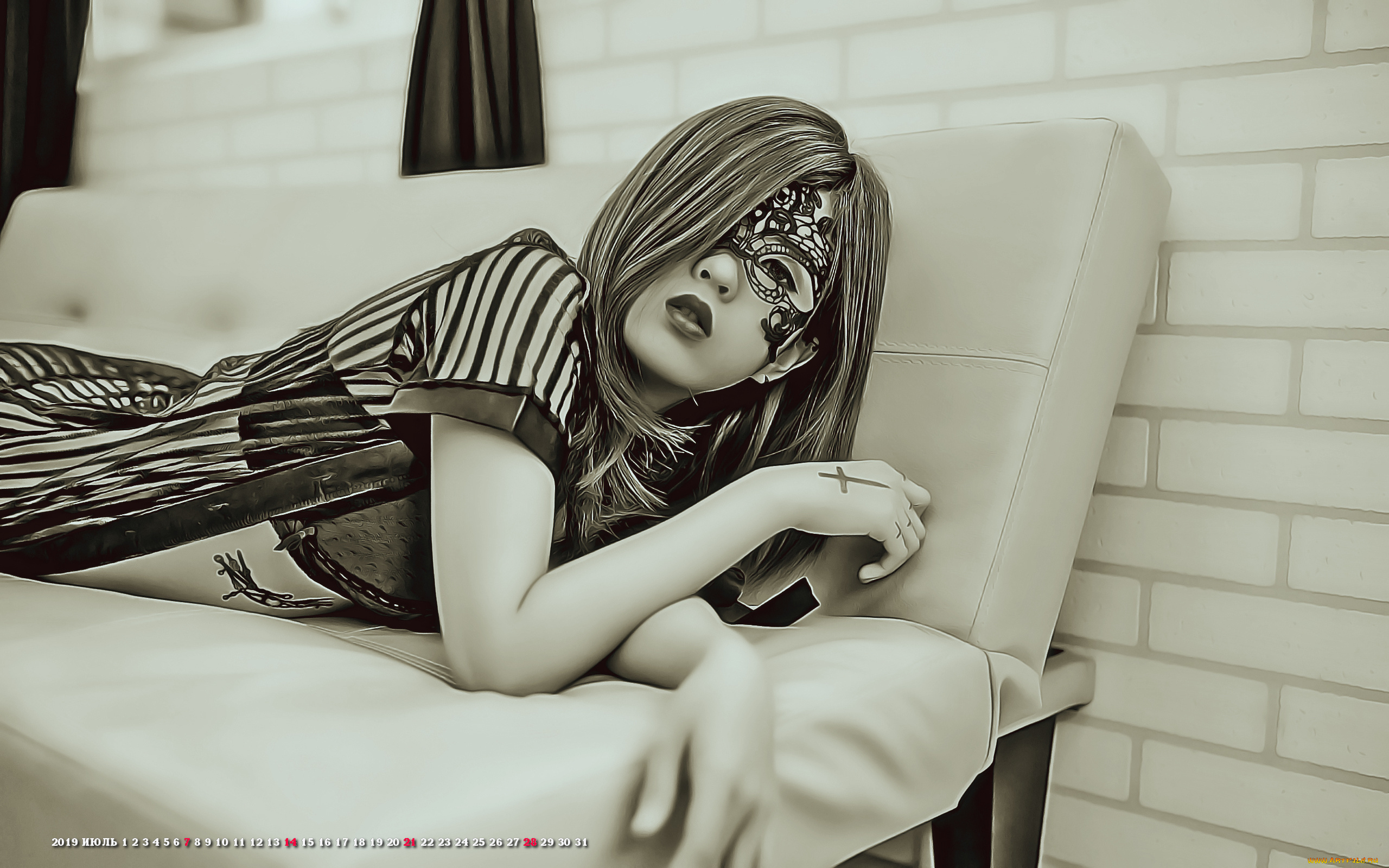 календари, компьютерный, дизайн, лежать, диван, девушка, 2019, calendar, женщина, маска