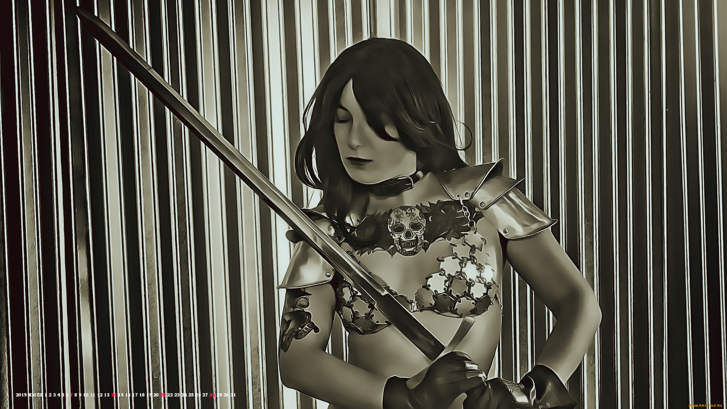 календари, компьютерный, дизайн, 2019, оружие, копслей, девушка, calendar, поза, женщина, рисунок, тату