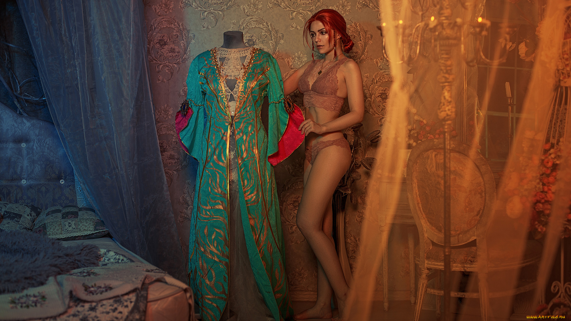 девушки, екатерина, семадени, трисс, меригольд, косплей, белье, платье, кровать, шторы