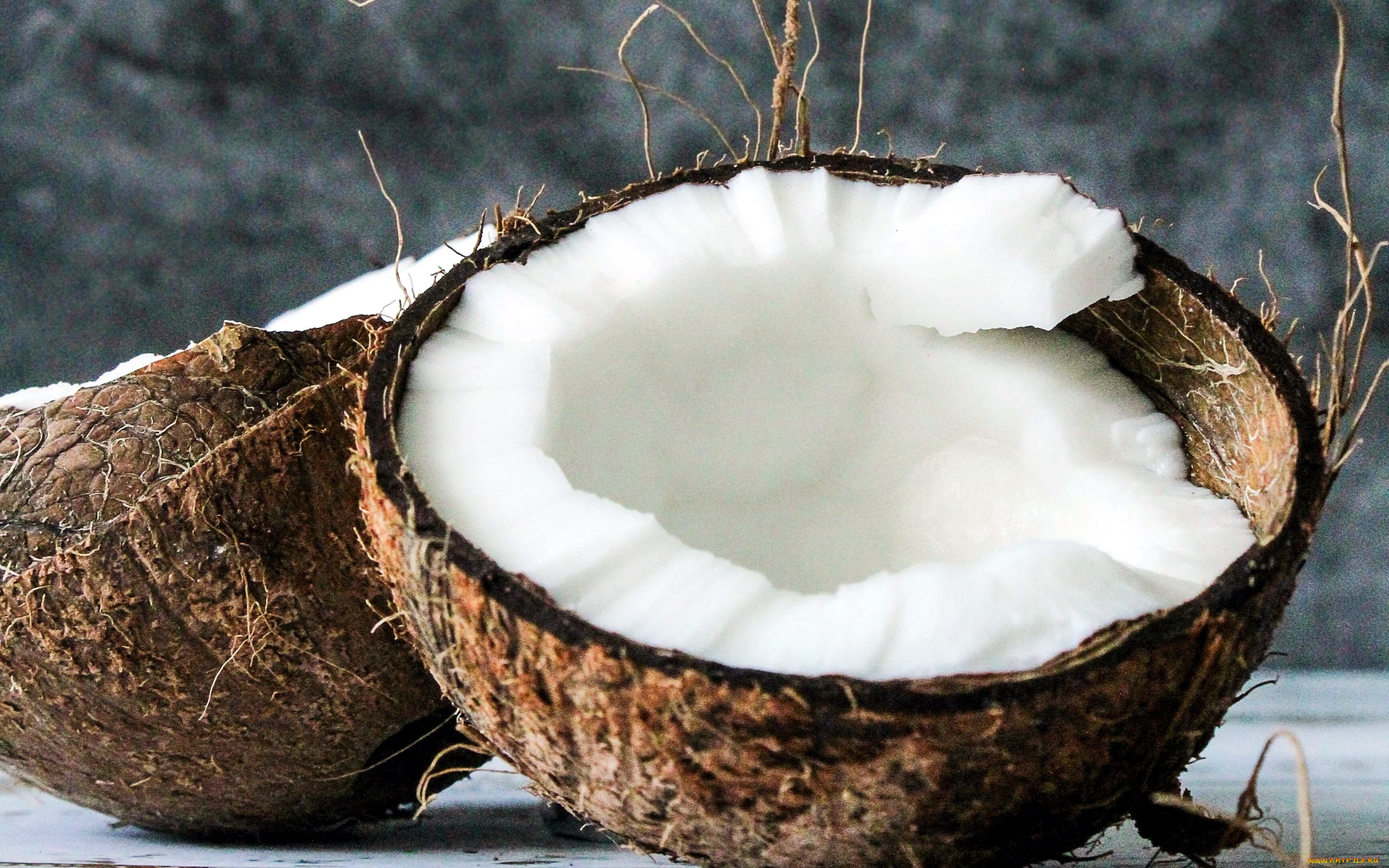 еда, кокос, мякоть, половинки