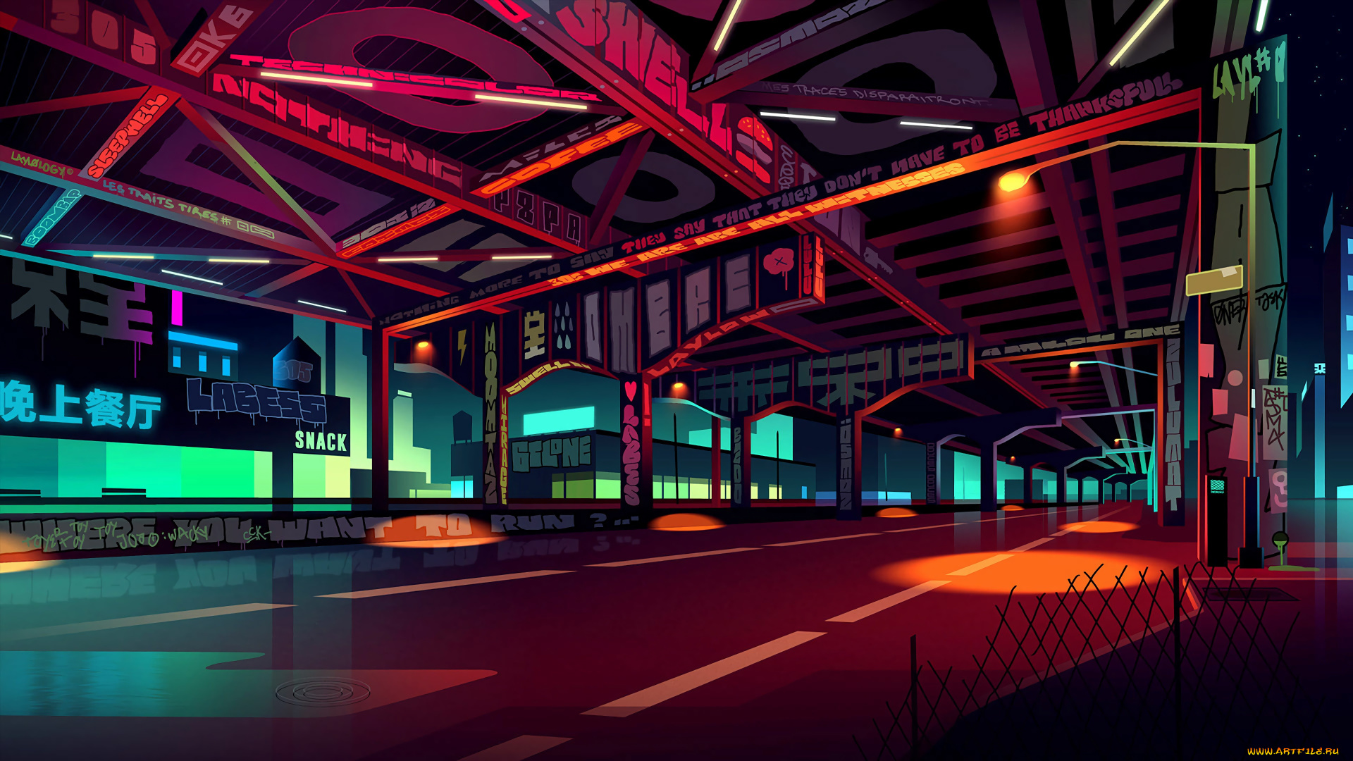 видео, игры, cyberpunk, 2077, город, мост, колонны, рисунок