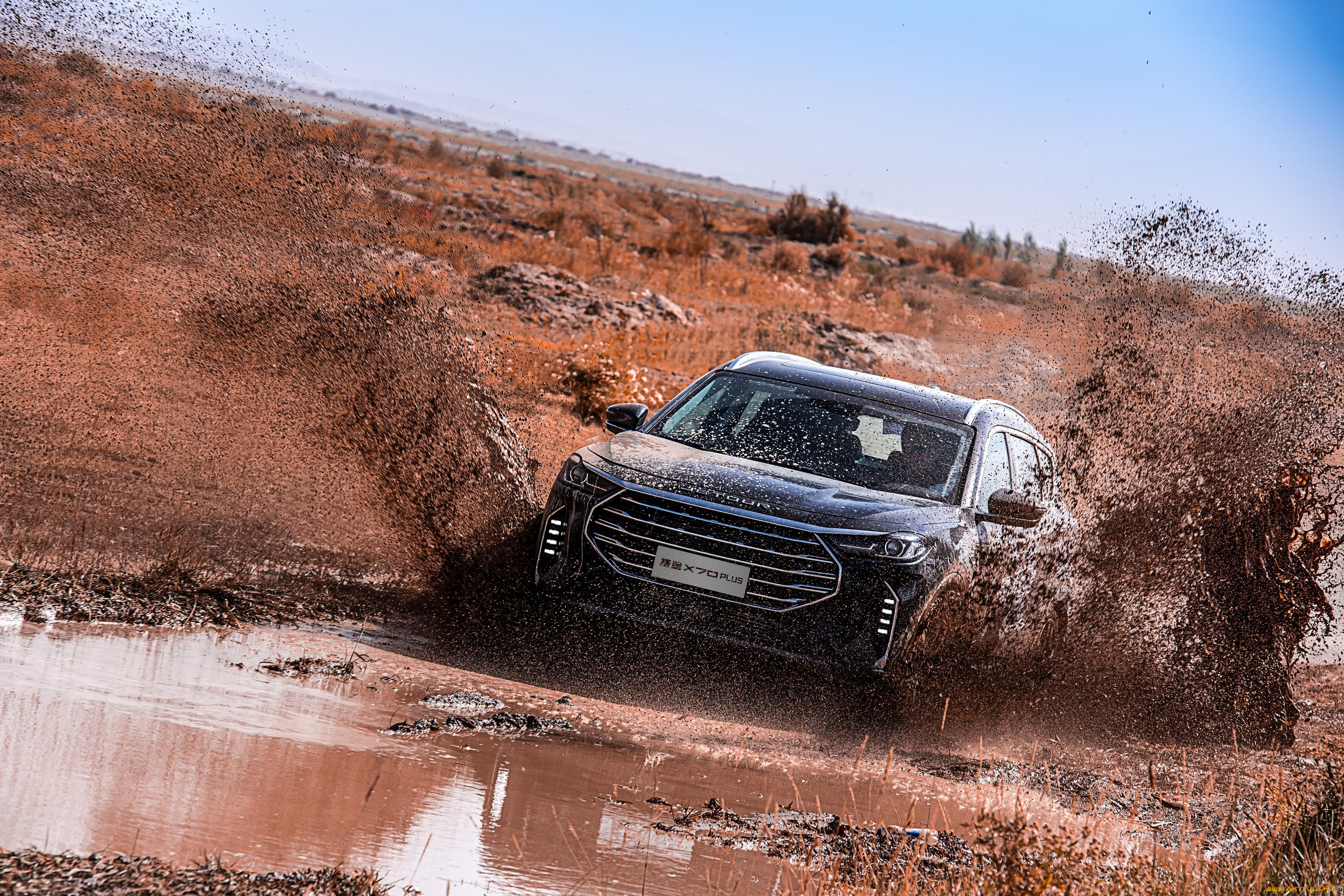 автомобили, jetour, кроссовер, черный, x70, plus, грязь, лужа, преодоление, бездорожье