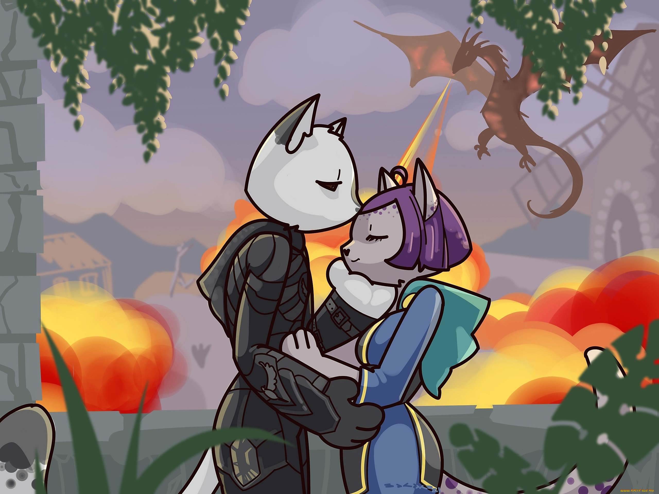 фэнтези, существа, кошки, пара, дракон