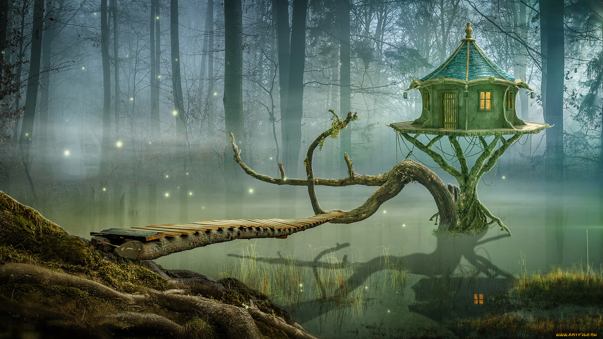 3д, графика, атмосфера, настроение, , atmosphere, , , mood, , дом, пруд, дерево, свет, светлячки
