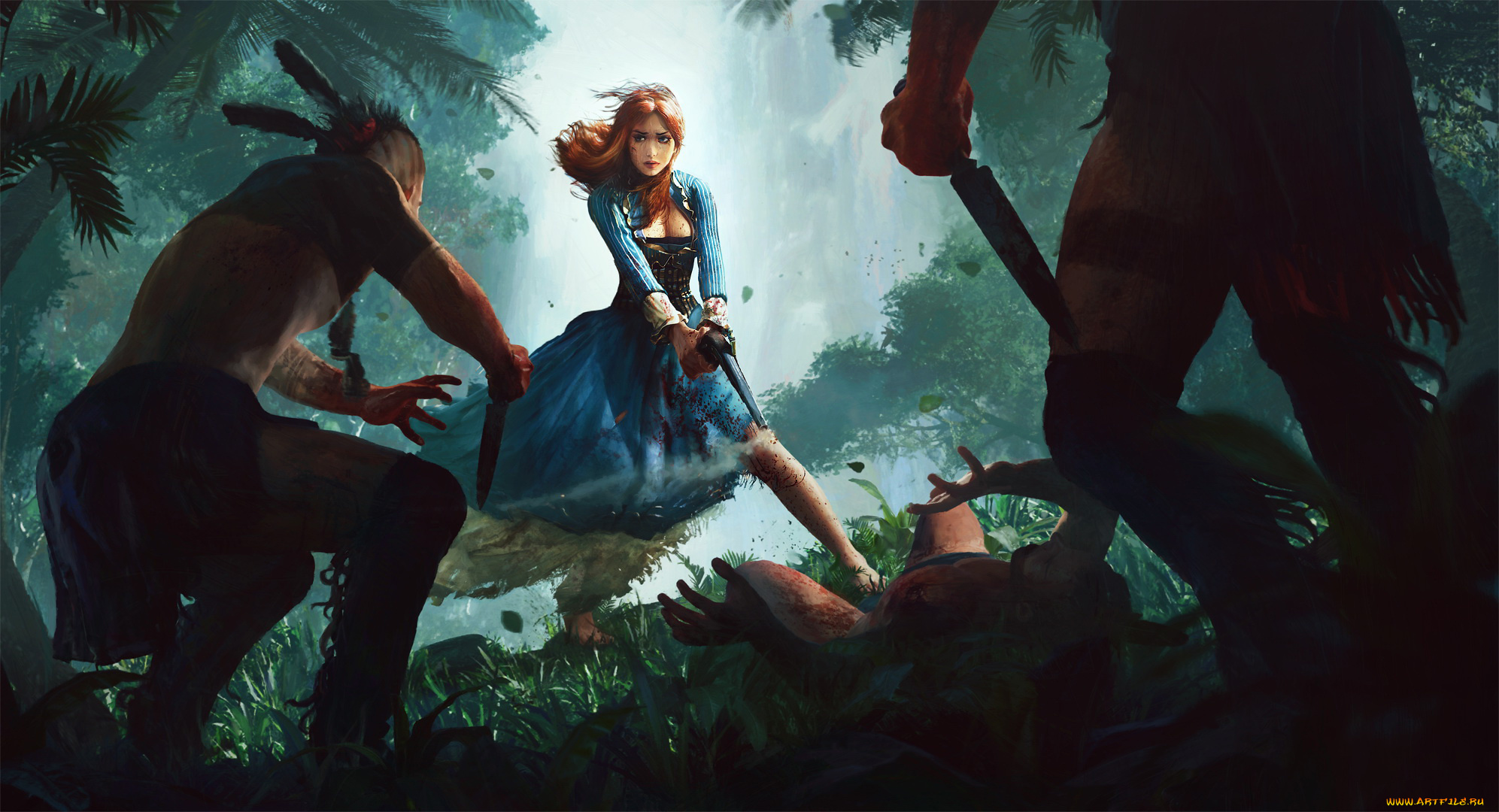 рисованное, люди, девушка, фон, индеец, перо, нож, пистолет