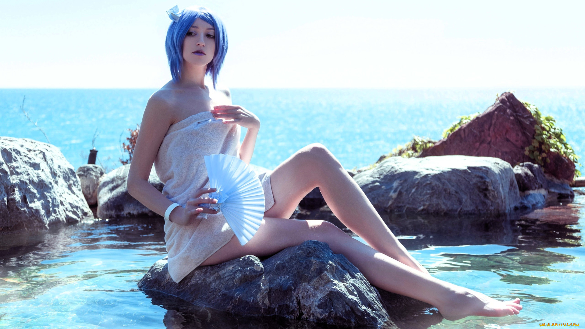 девушки, momo, образ, костюм, косплей, полотенце, веер, камни, море, озеро