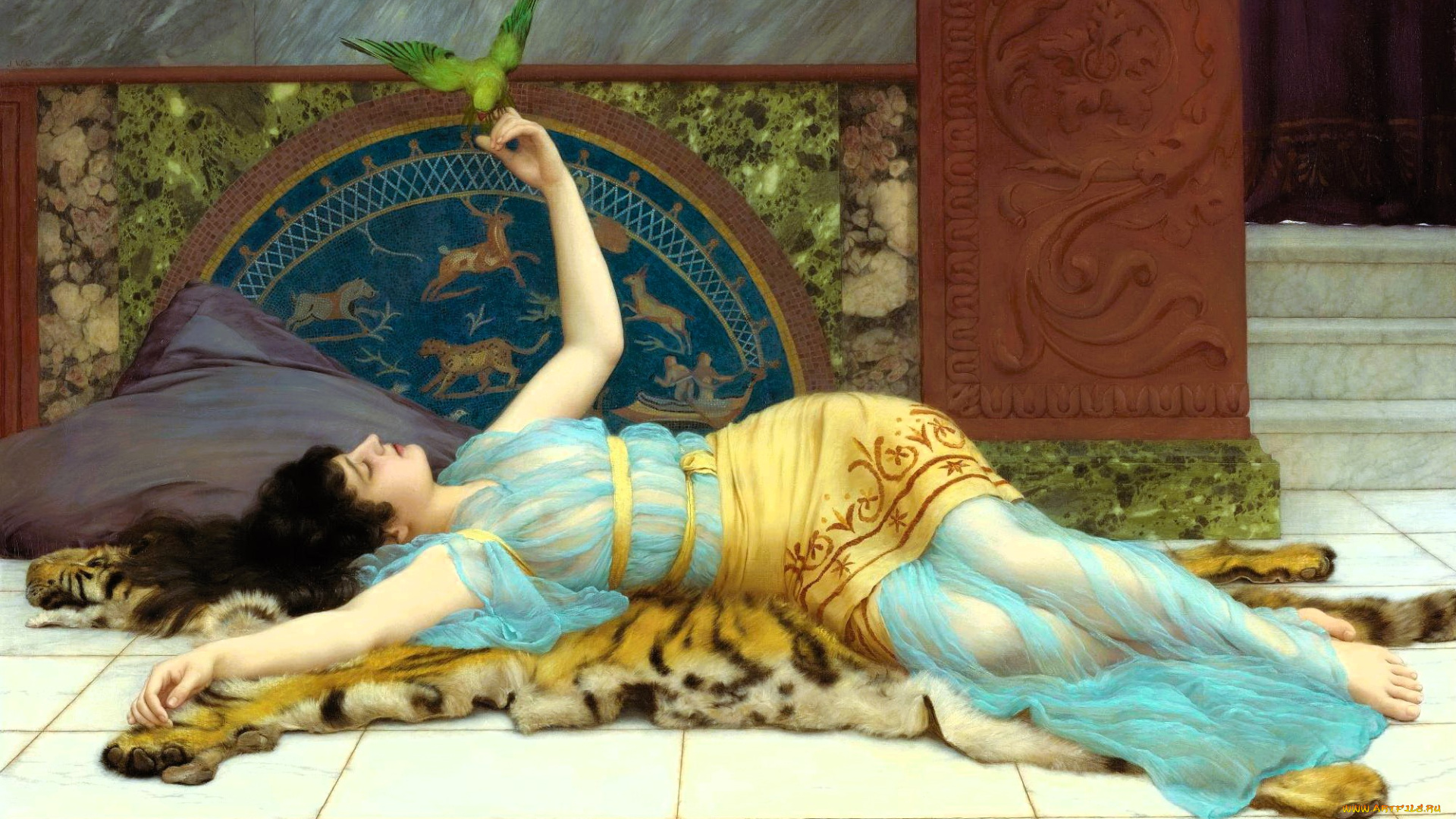 приятное, безделье, -, джон, уильям, годвард, рисованное, john, william, godward, женщина, шкура, дворец, попугай