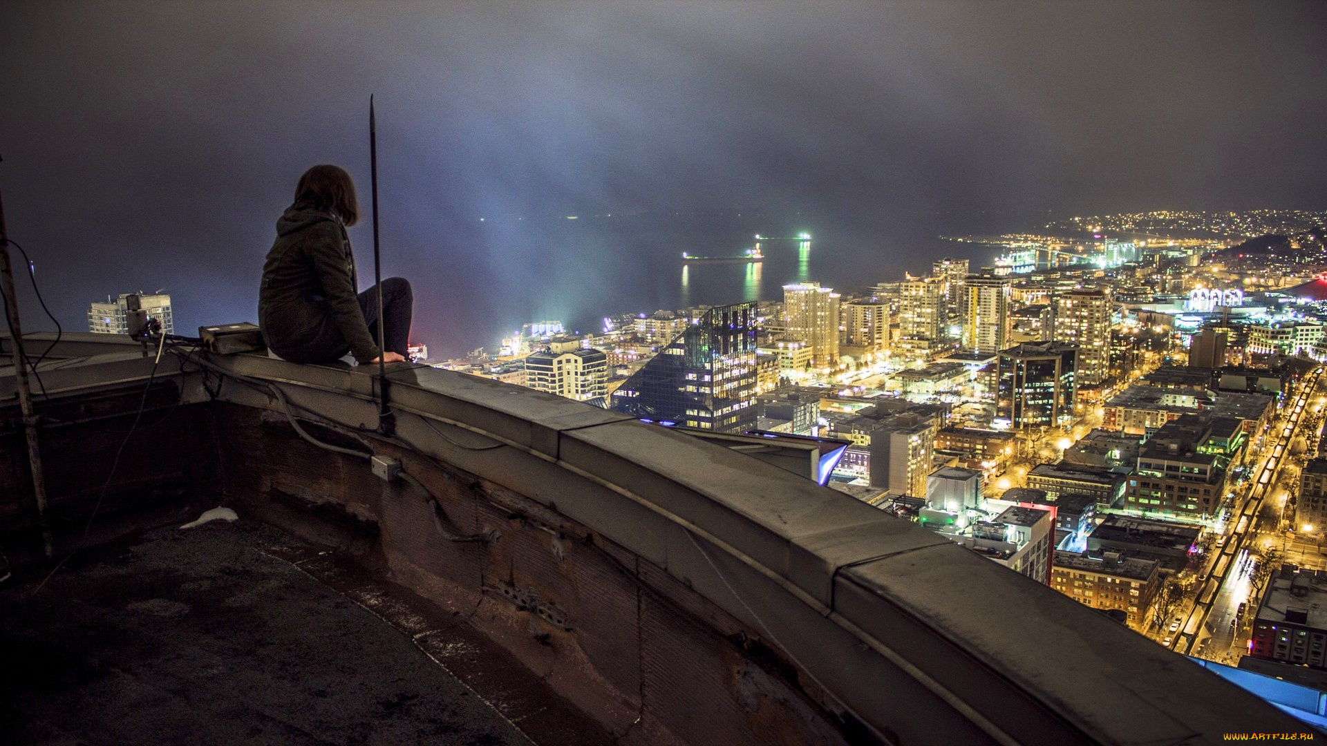 разное, люди, крыша, девушка, город, панорама, огни