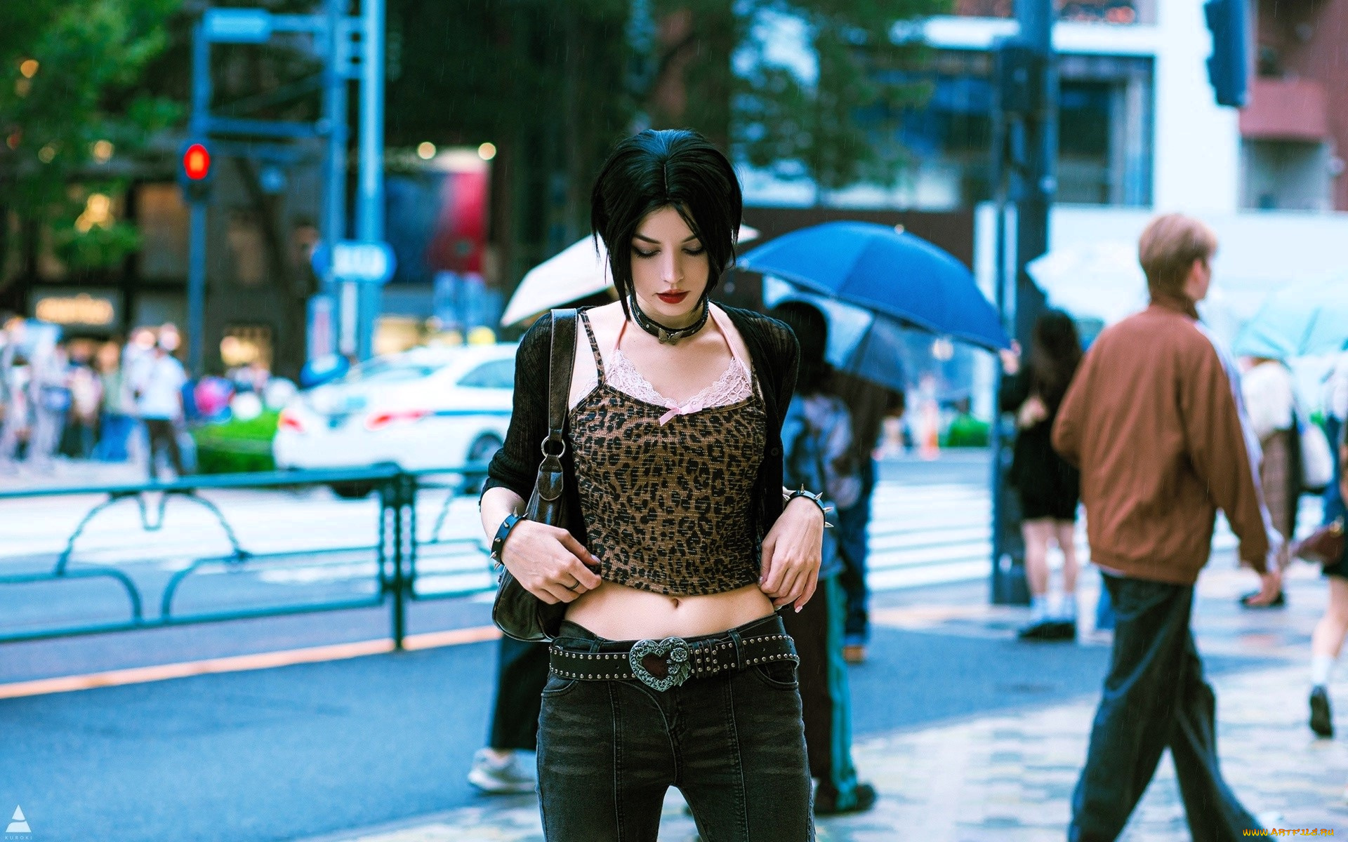 девушки, tenletters, образ, костюм, косплей, топ, джинсы, сумка, куртка, люди, зонты, улица, город