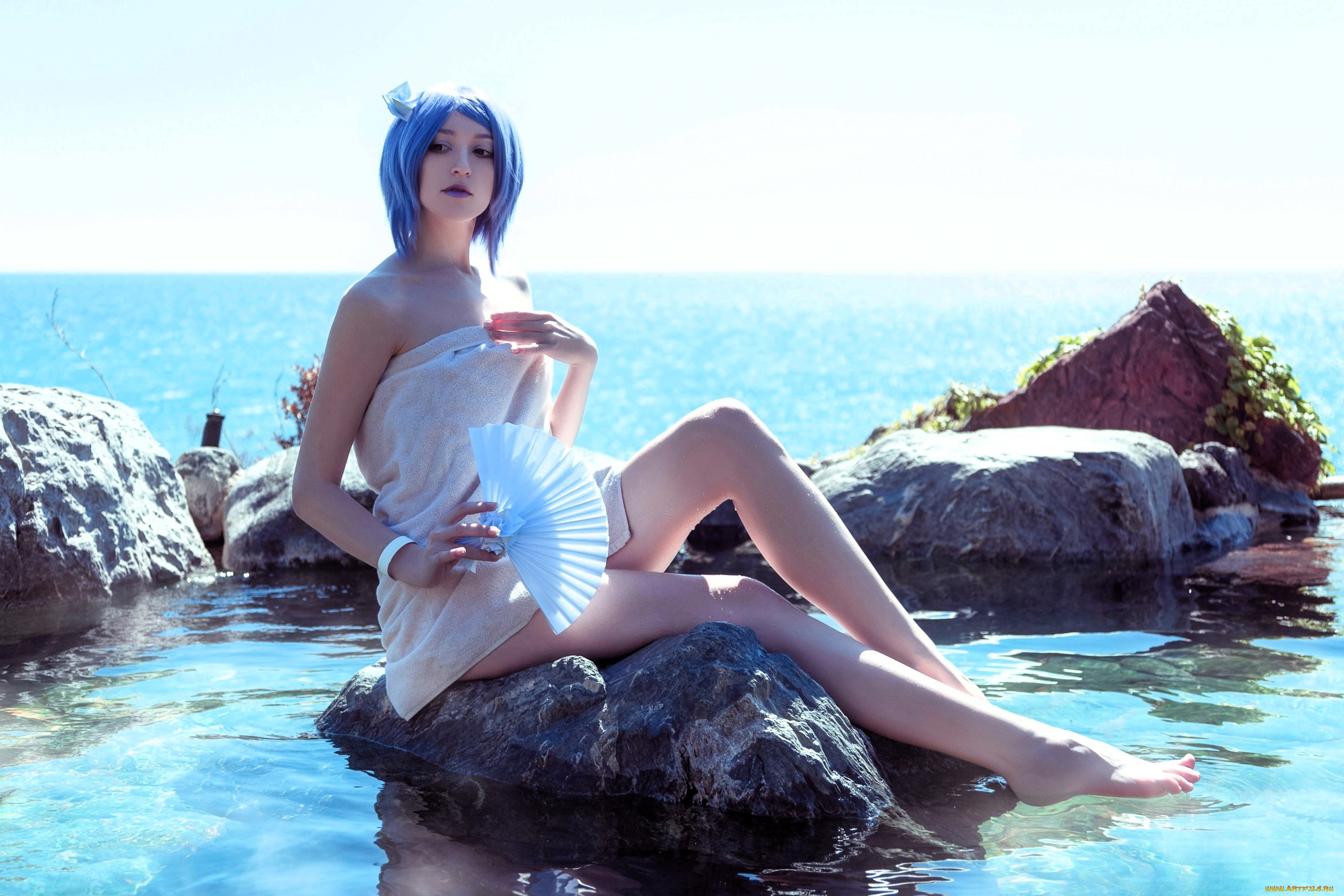 девушки, momo, образ, костюм, косплей, полотенце, веер, камни, море, озеро