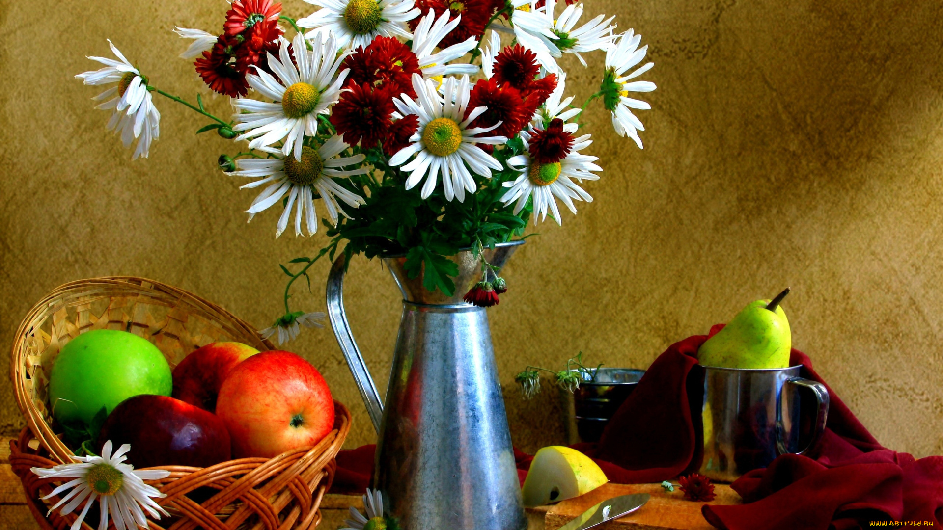 еда, натюрморт, груши, яблоки, цветы