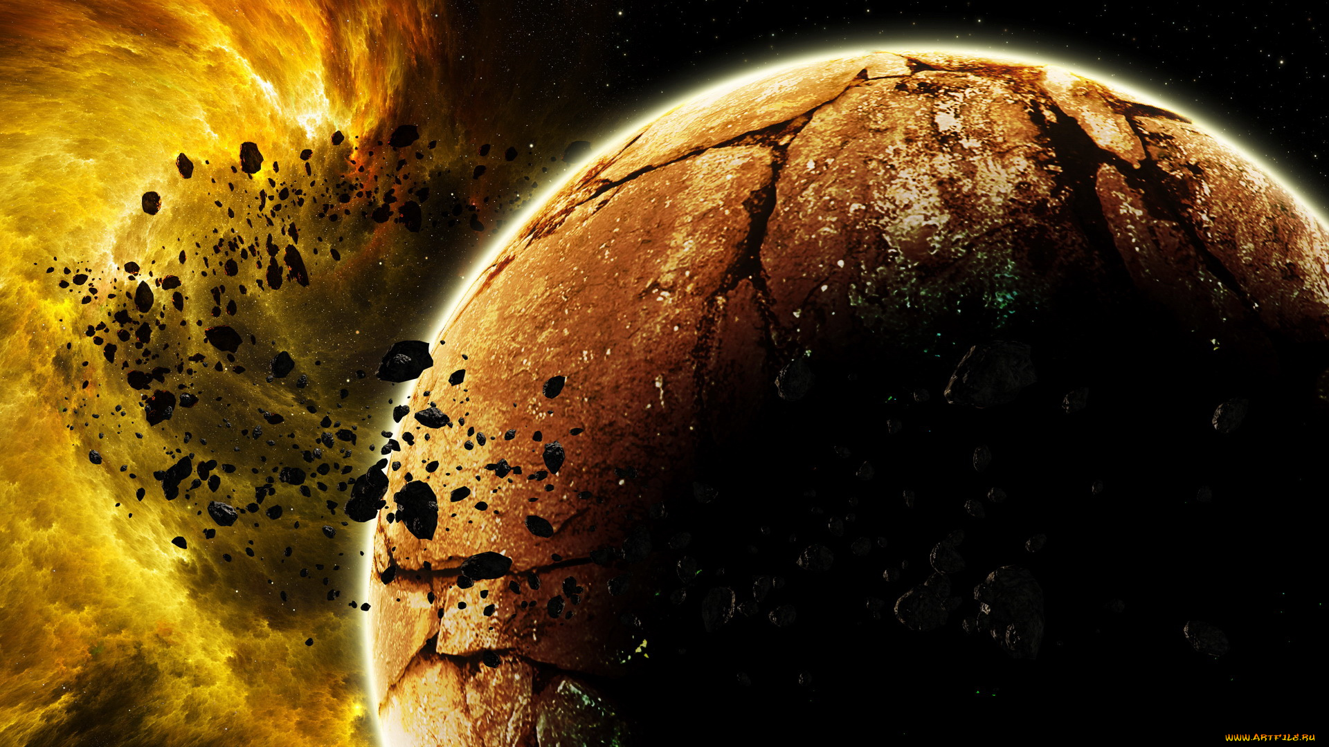 космос, арт, планета, астероиды