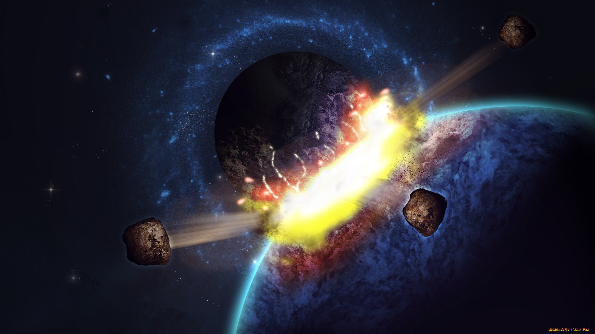 космос, арт, планеты, астероиды, взрыв