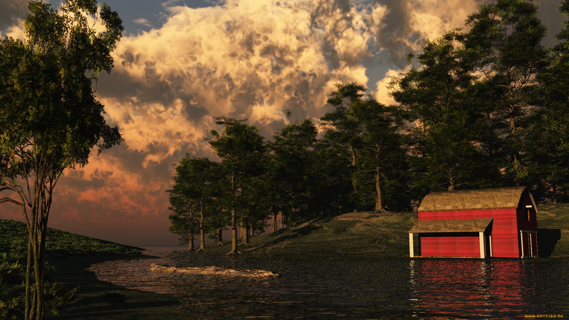 late, summer, 3д, графика, nature, landscape, природа, лето, домик, река, облака, лес