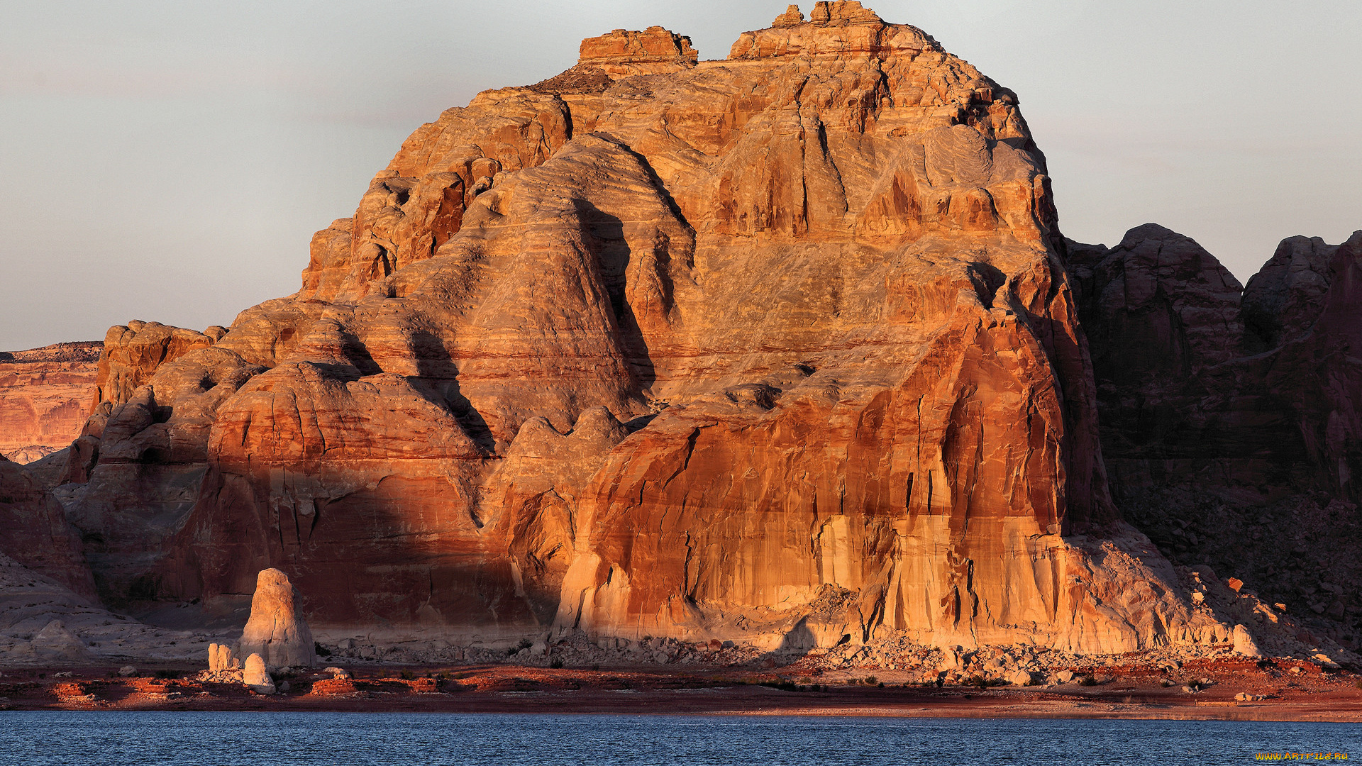 природа, горы, sunlight, lake, water, rocks, cliffs