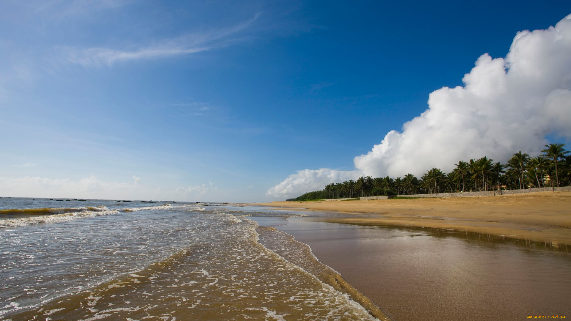 природа, побережье, волны, песок, облака