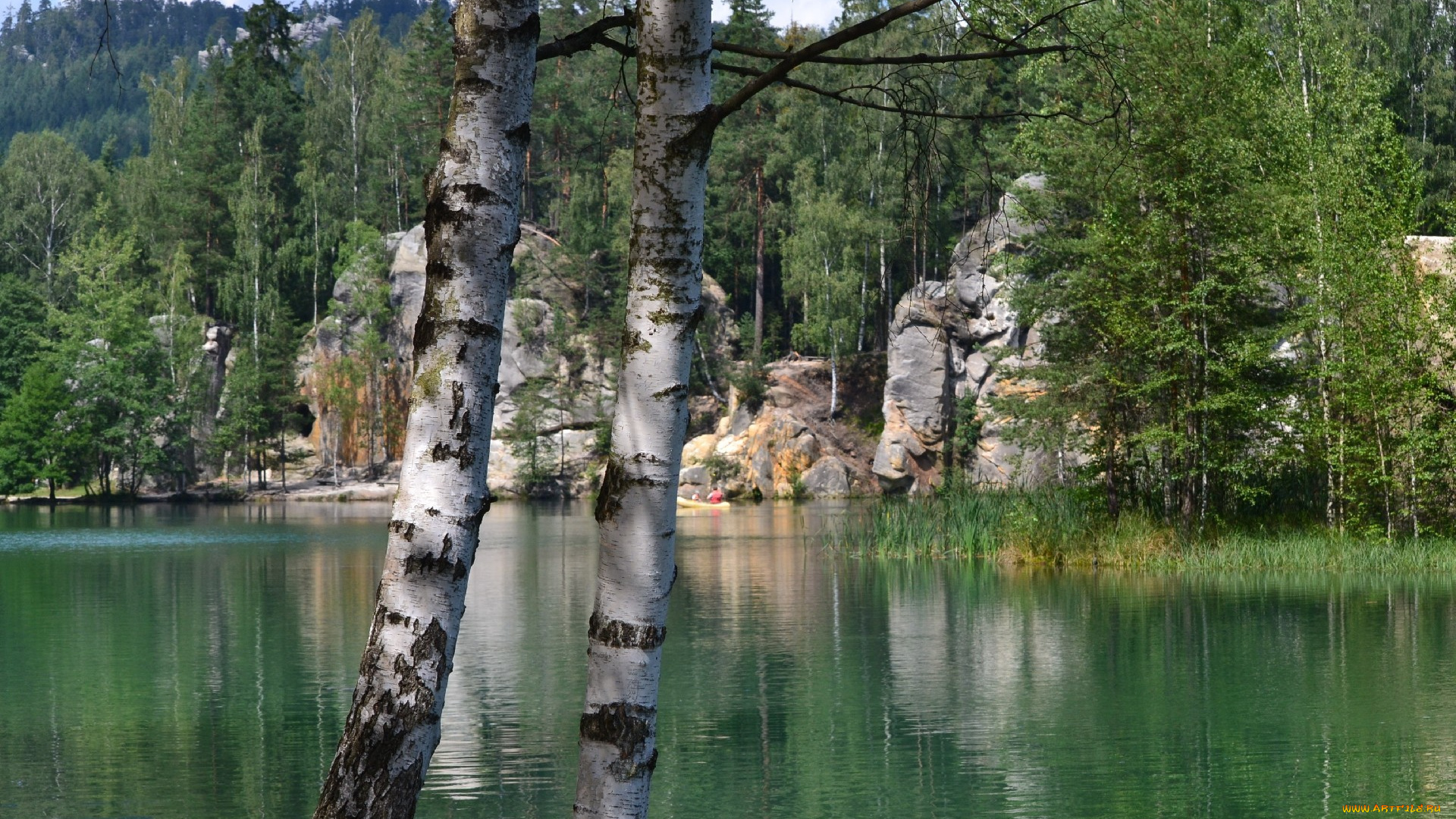 природа, реки, озера, березы, скалы, озеро, лес