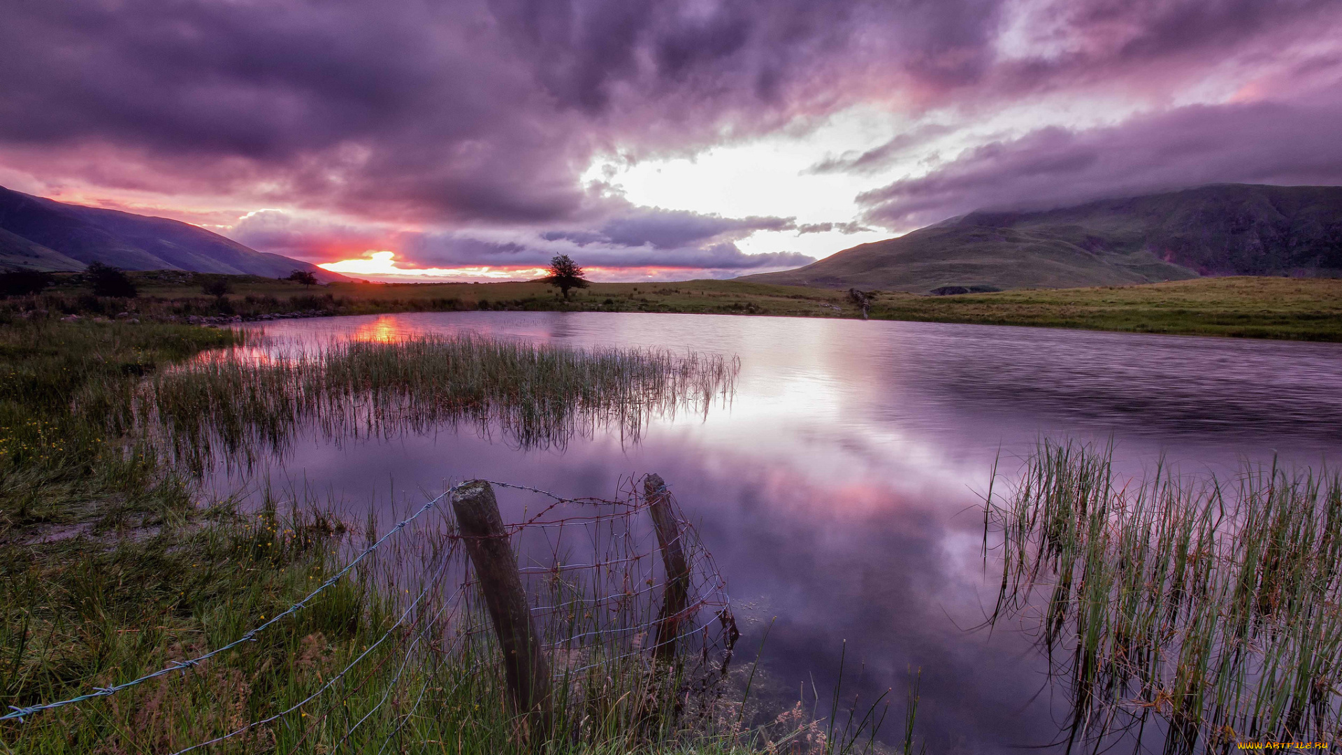 природа, реки, озера, краски, небо, закат, трава, озеро