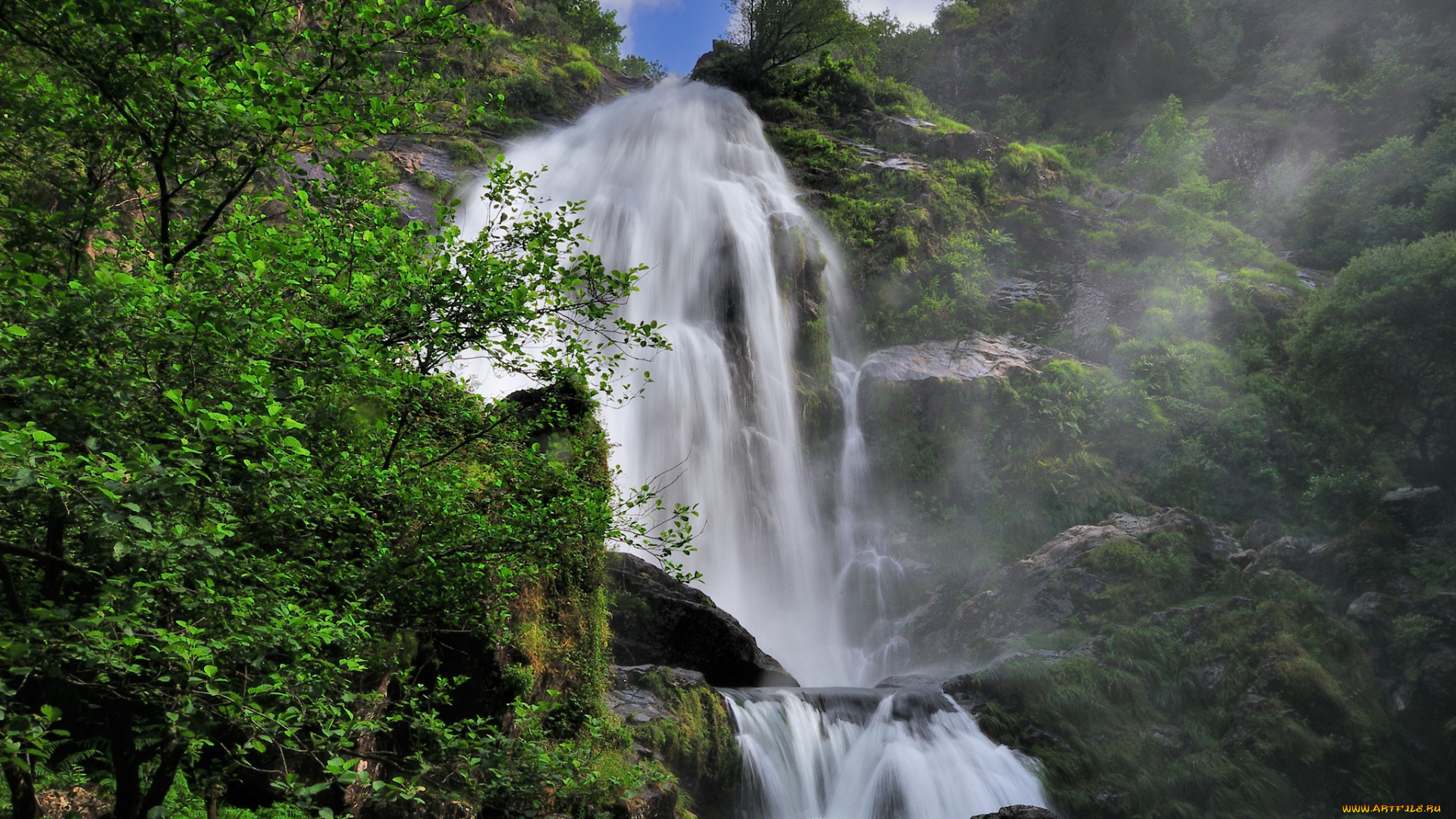 природа, водопады, деревья, скала, поток