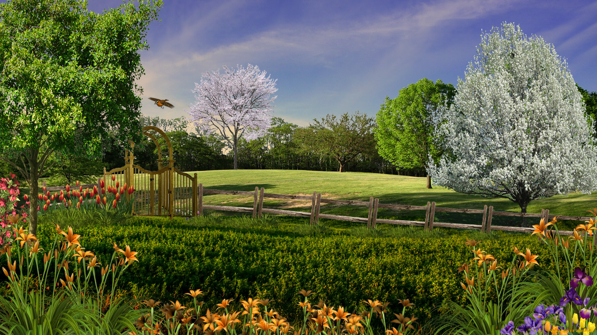 spring, park, 3д, графика, nature, landscape, природа, деревья, парк, птицы, цветы