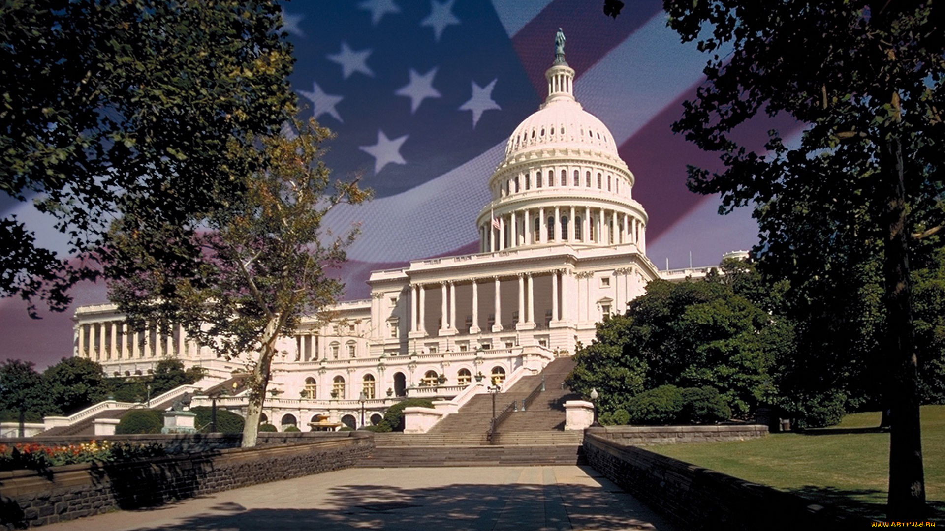 us, capitol, 3д, графика, architecture, архитектура, флаг, деревья, белый, дом