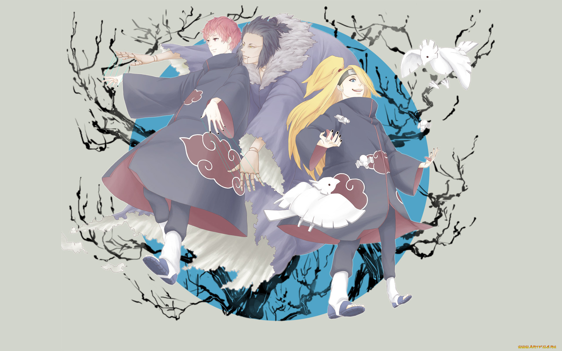 аниме, naruto, ниндзя, дейдара, сасори, плащи, глина, марионетка, наруто, птицы