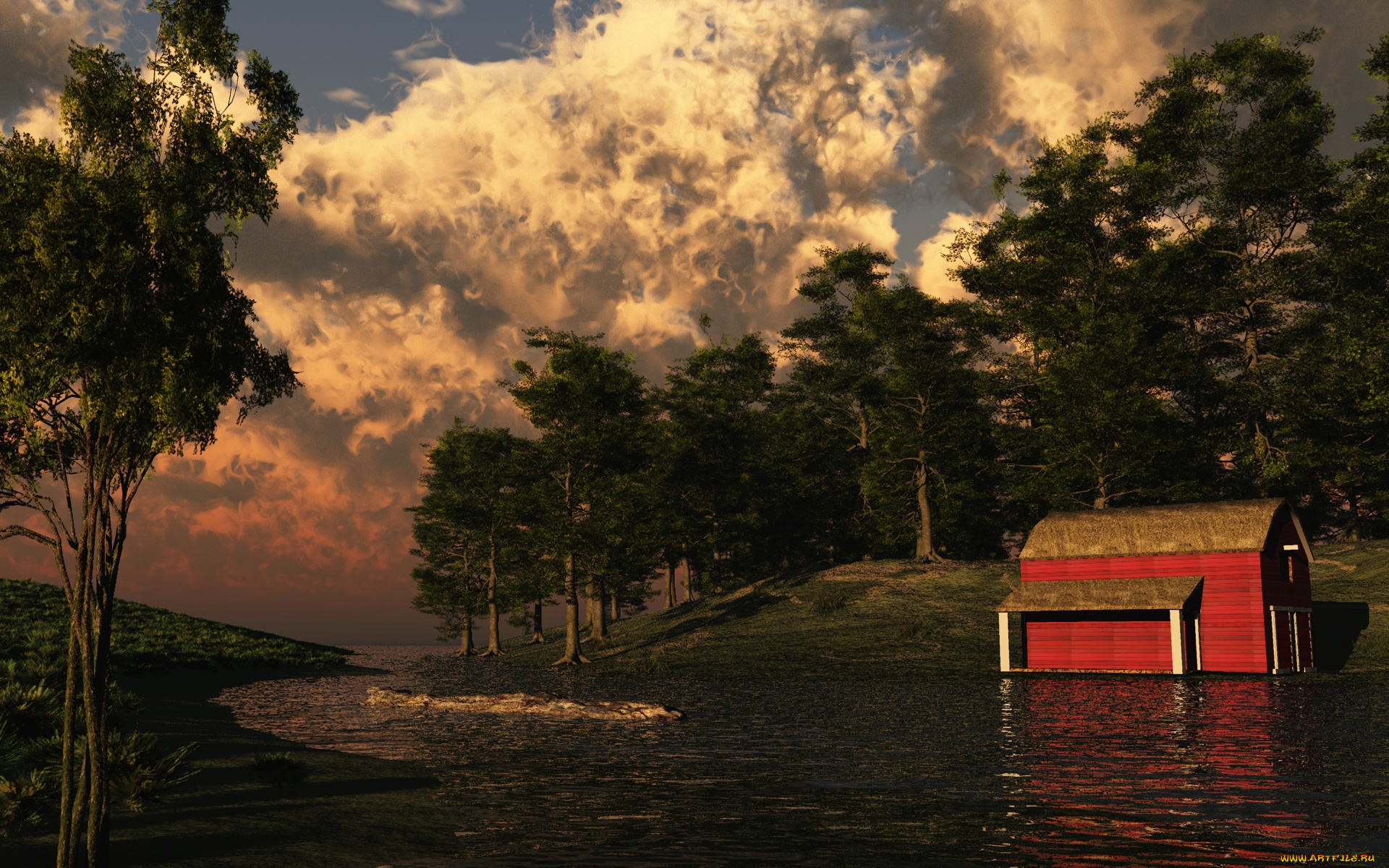 late, summer, 3д, графика, nature, landscape, природа, лето, домик, река, облака, лес