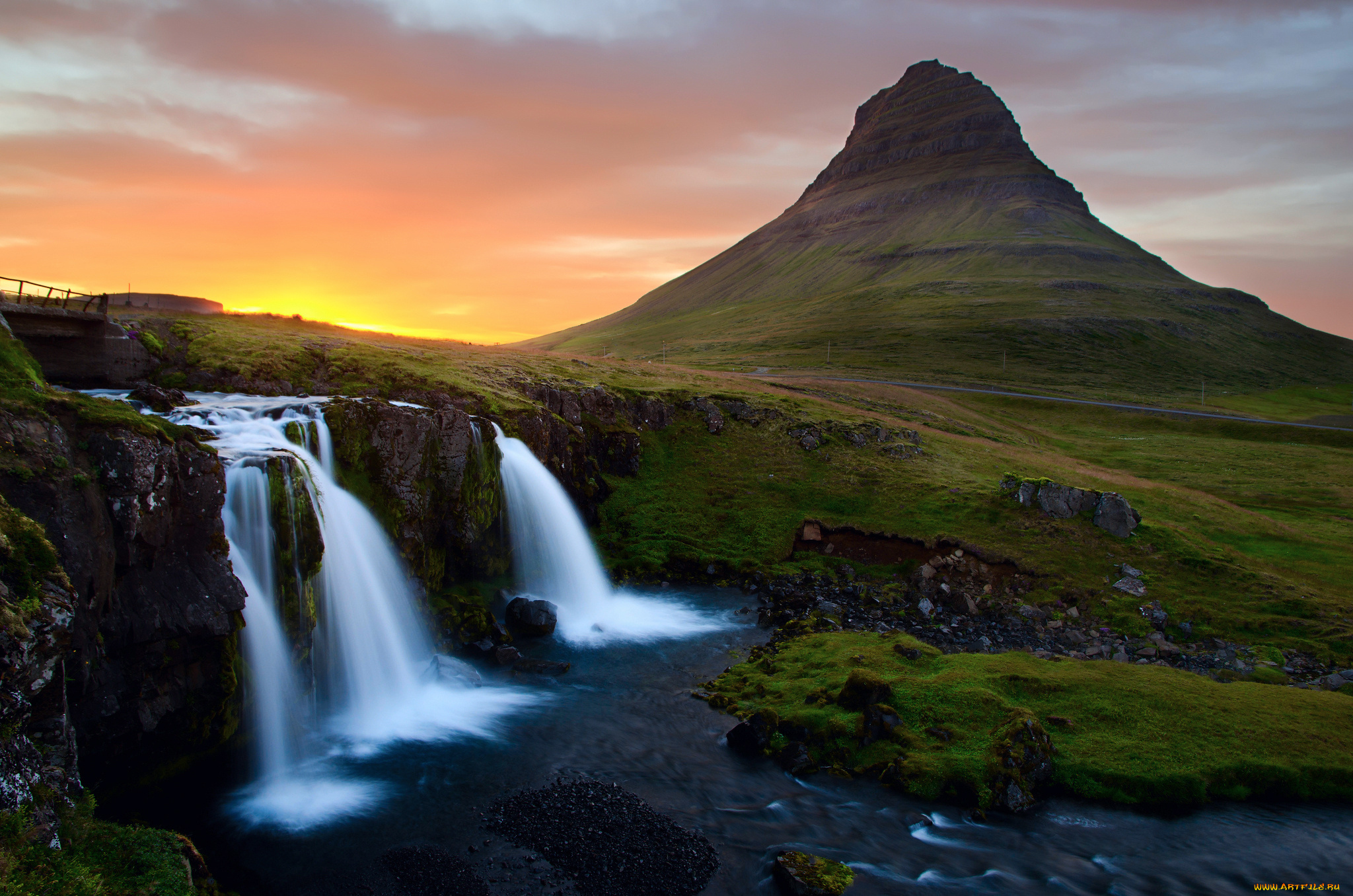 природа, водопады, гора, камни, река, небо