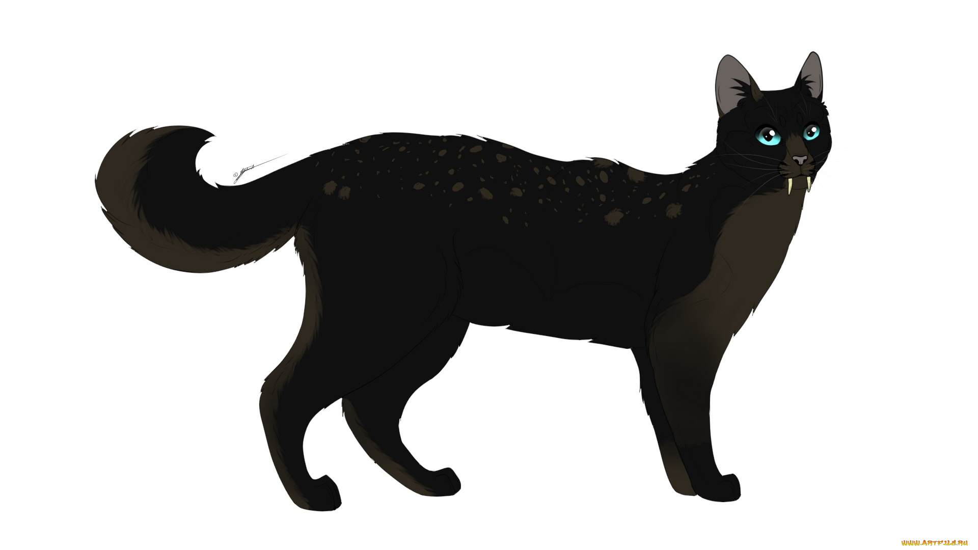 рисованные, животные, , сказочные, , мифические, кот, белый, фон, чёрный, клыки