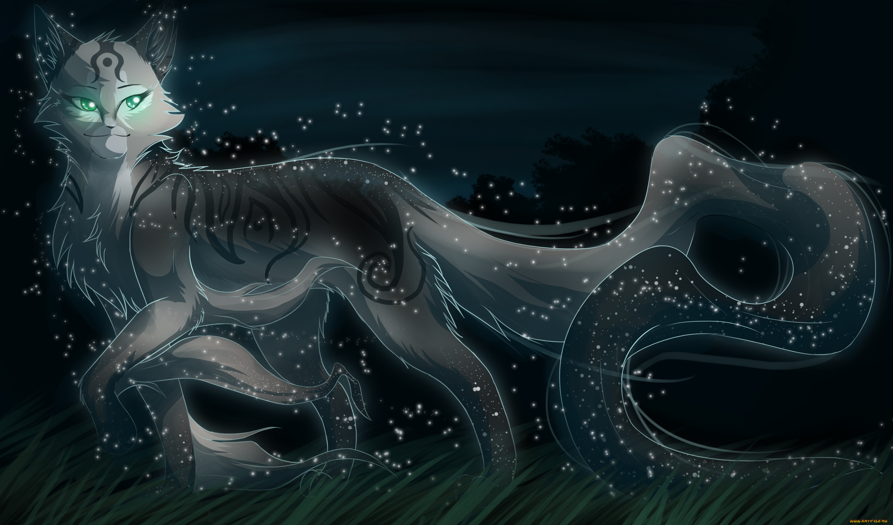 рисованные, животные, , сказочные, , мифические, чёрный, фон, искорки, ночь, кот