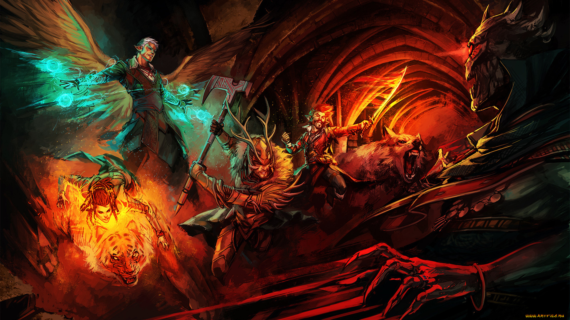 фэнтези, ангелы, wolf, tiger, крылья, топор, воин, меч, тьма, магия, битва