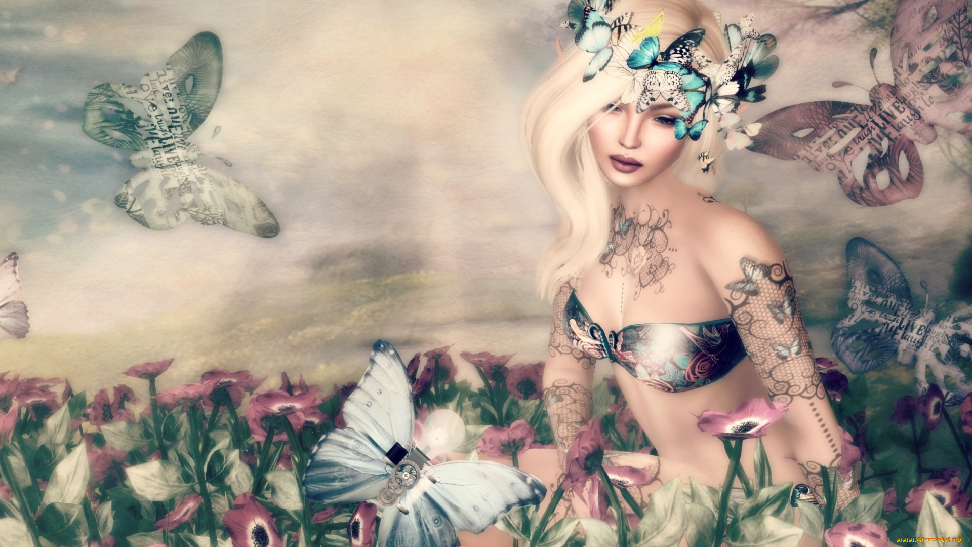 фэнтези, девушки, блондинка, цветы, бабочки, девушка