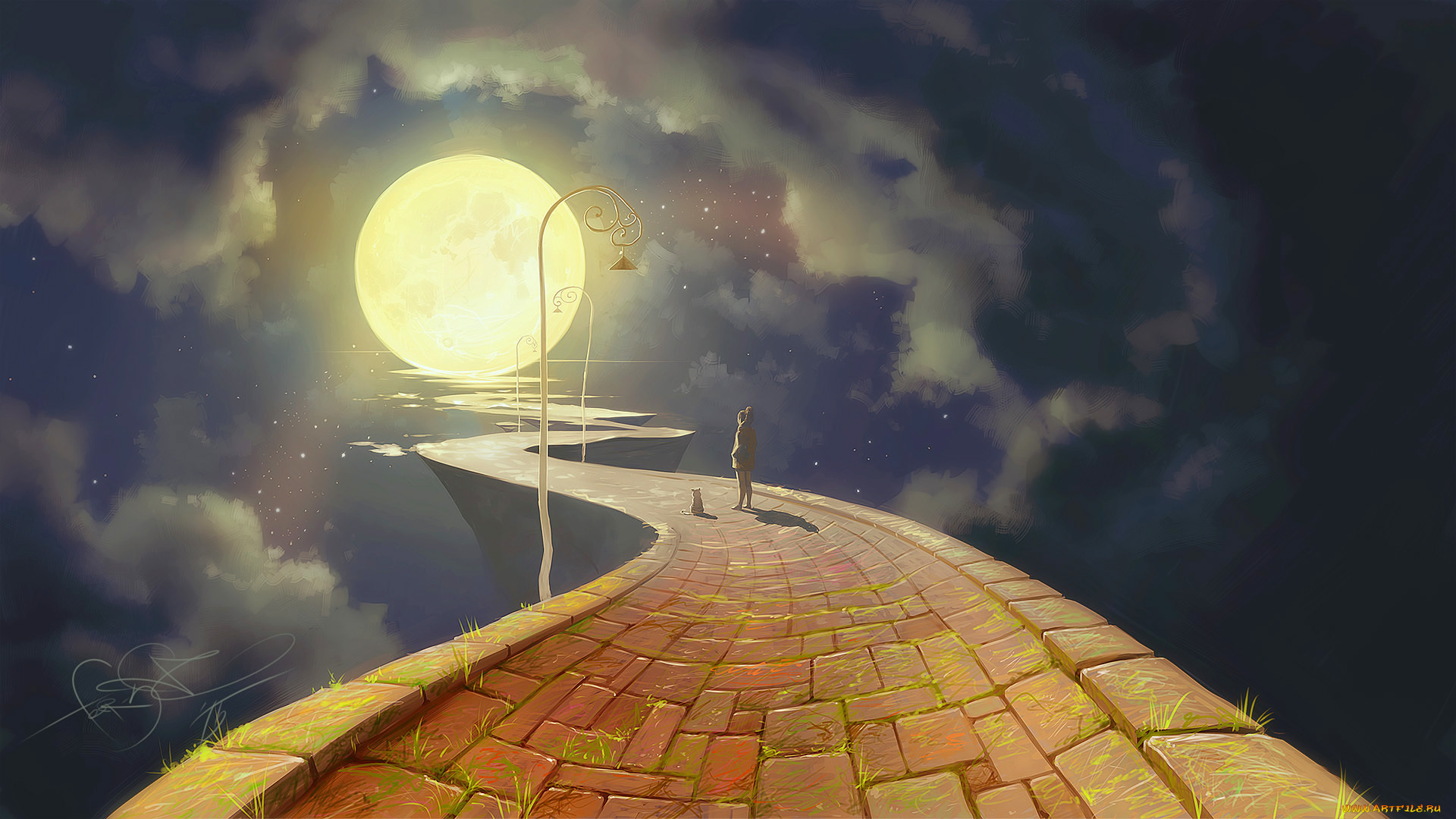 фэнтези, другое, человек, фонарь, ночь, дорога, луна, облака, небо, кот, полнолуние