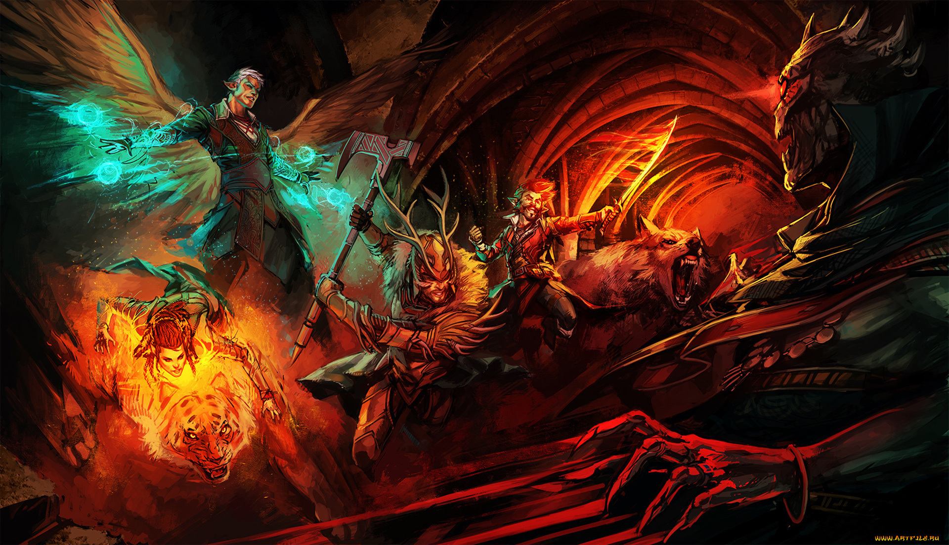 фэнтези, ангелы, wolf, tiger, крылья, топор, воин, меч, тьма, магия, битва