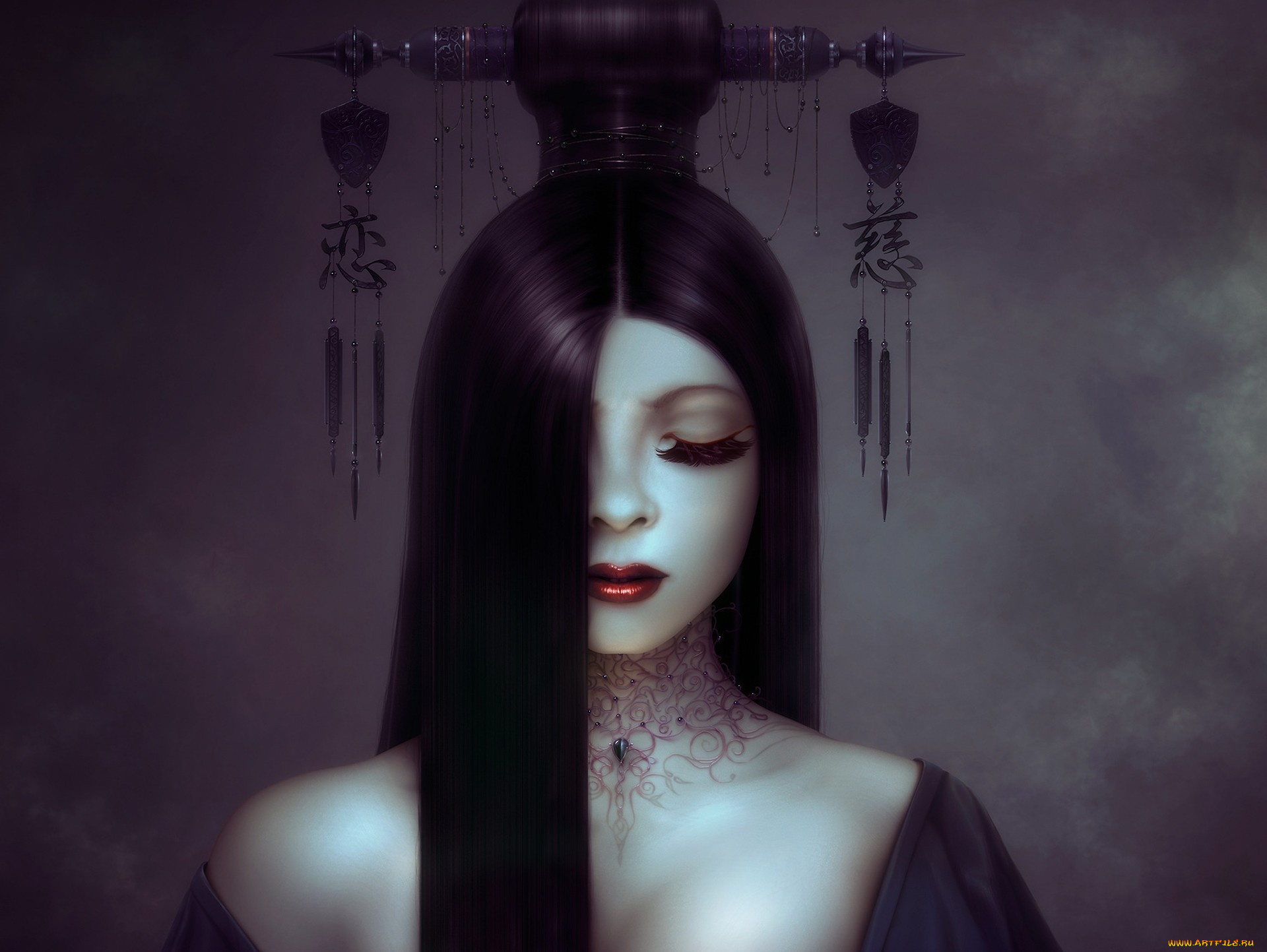 фэнтези, девушки, neville, dsouza, арт, иероглифы, ресницы, украшения, прическа, волосы, девушка