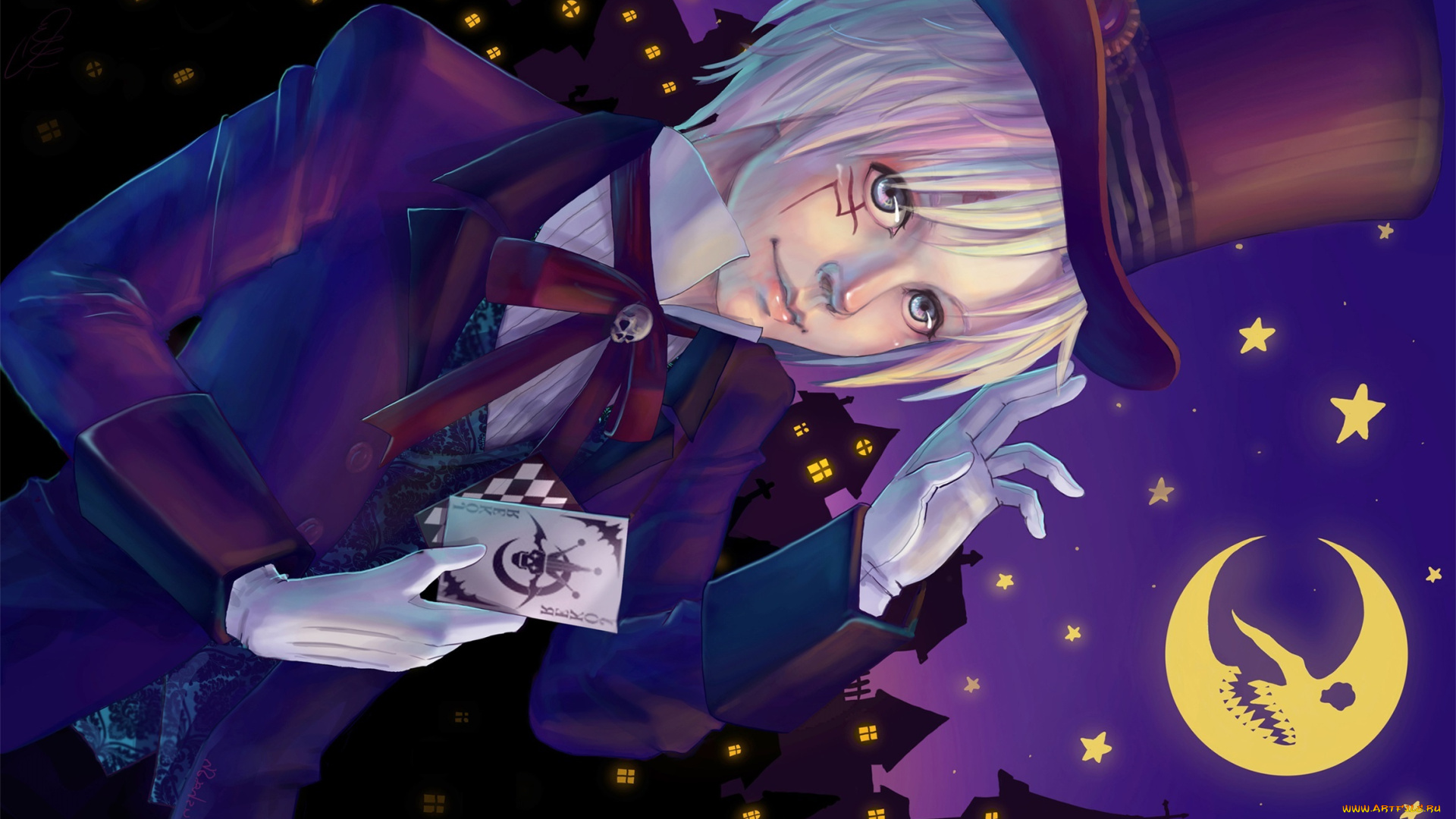 аниме, , gray-man, арт, месяц, шляпа, ночь, парень