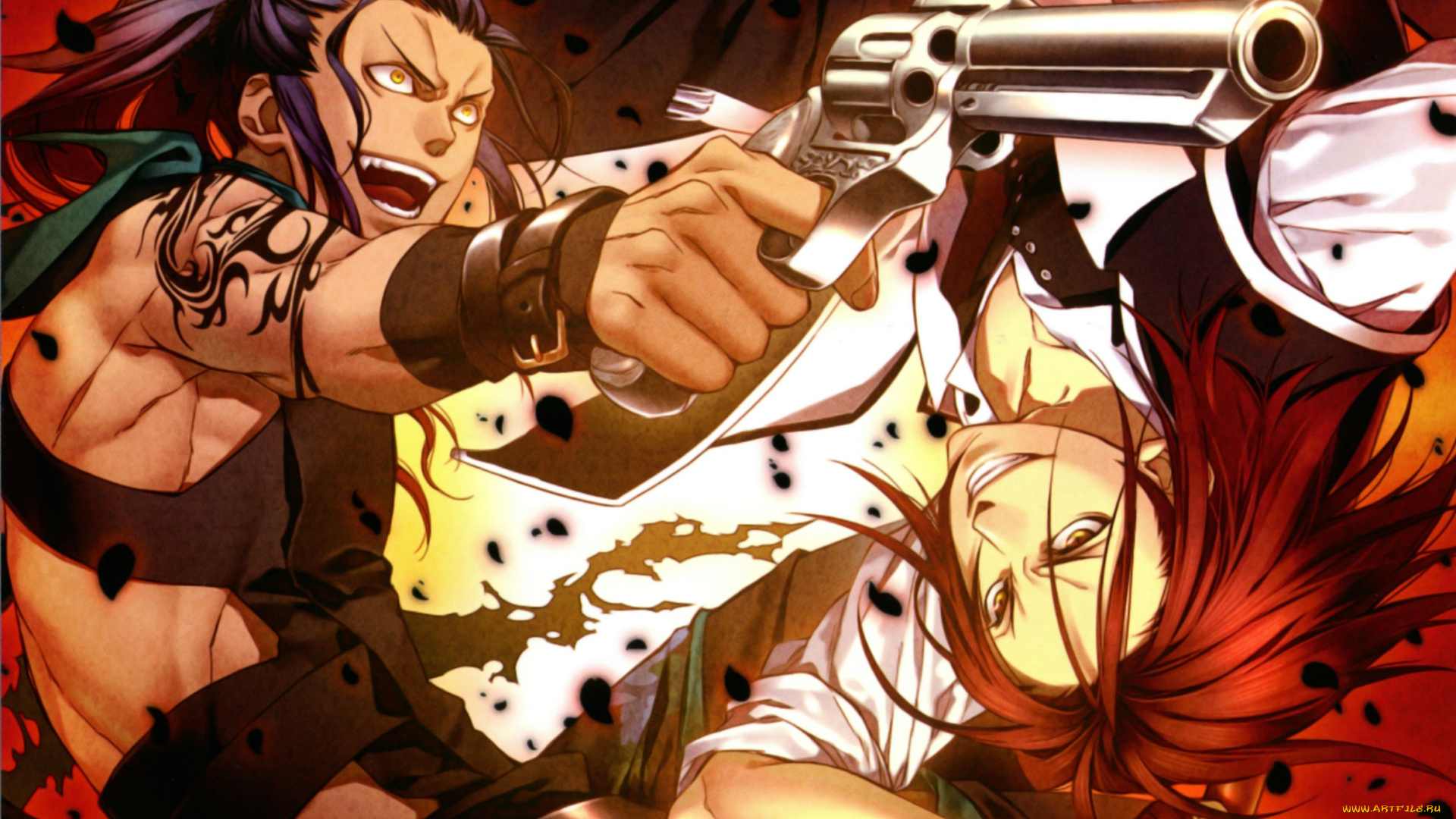 аниме, hakuoki, пистолет, парни, демон