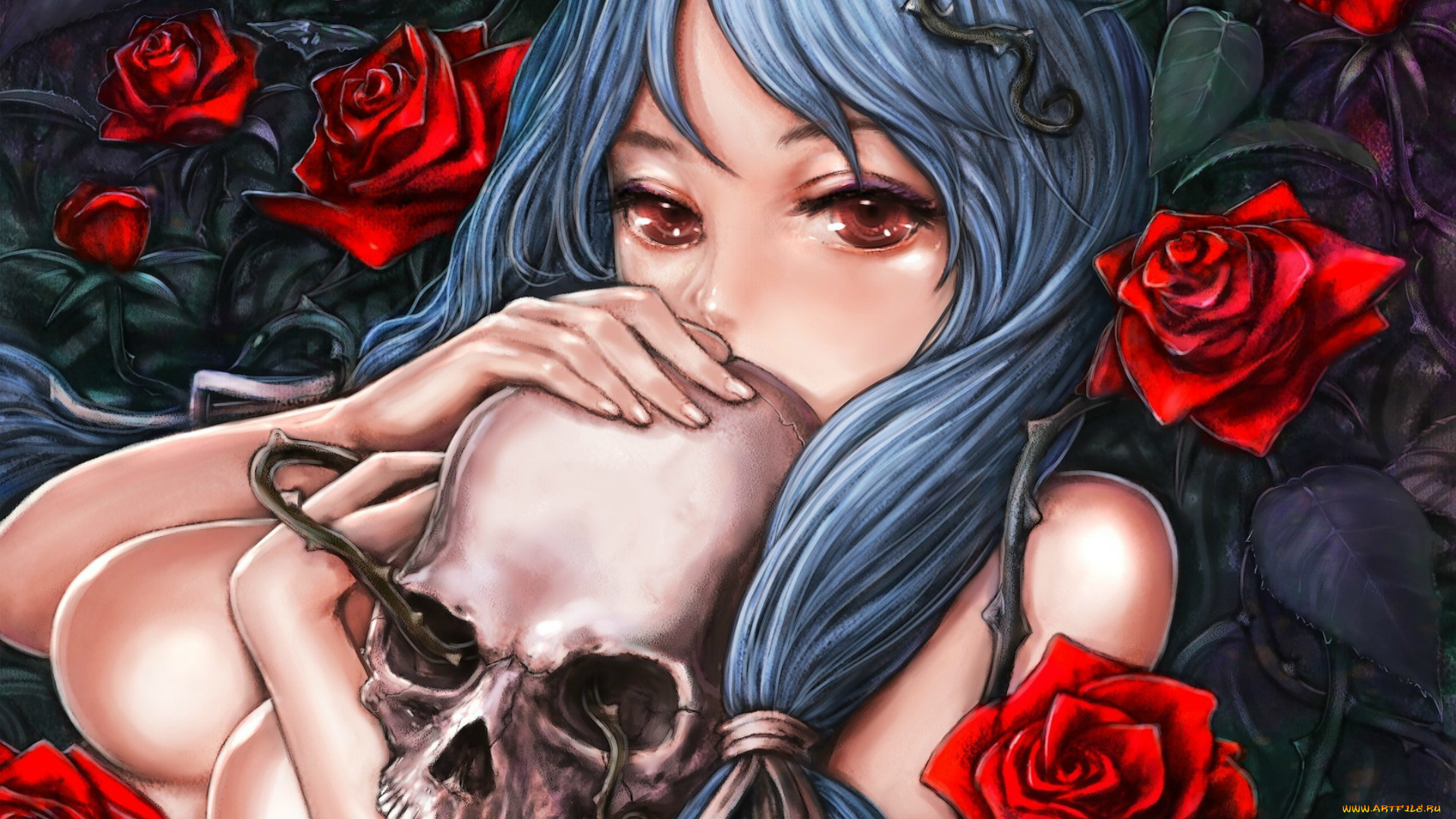 аниме, unknown, , другое, девушка, череп