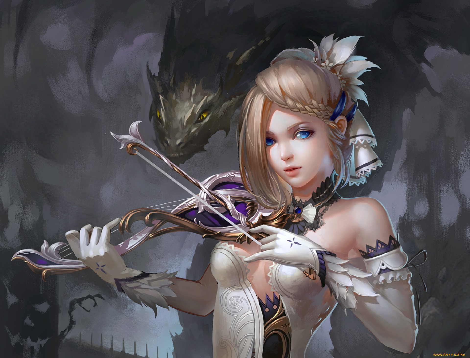 фэнтези, красавицы, и, чудовища, скрипка, девушка, дракон