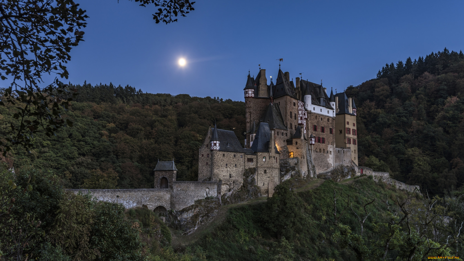 burg, eltz, города, замки, германии, замок, ночь