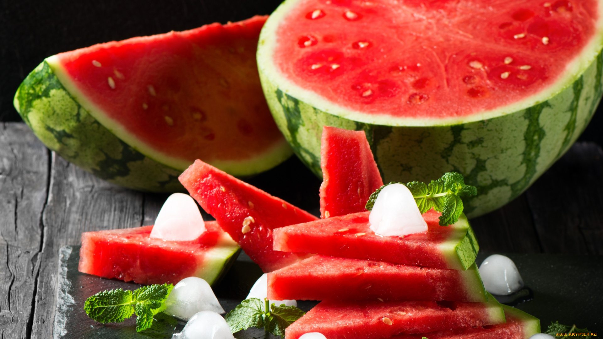 еда, арбуз, лед, мята