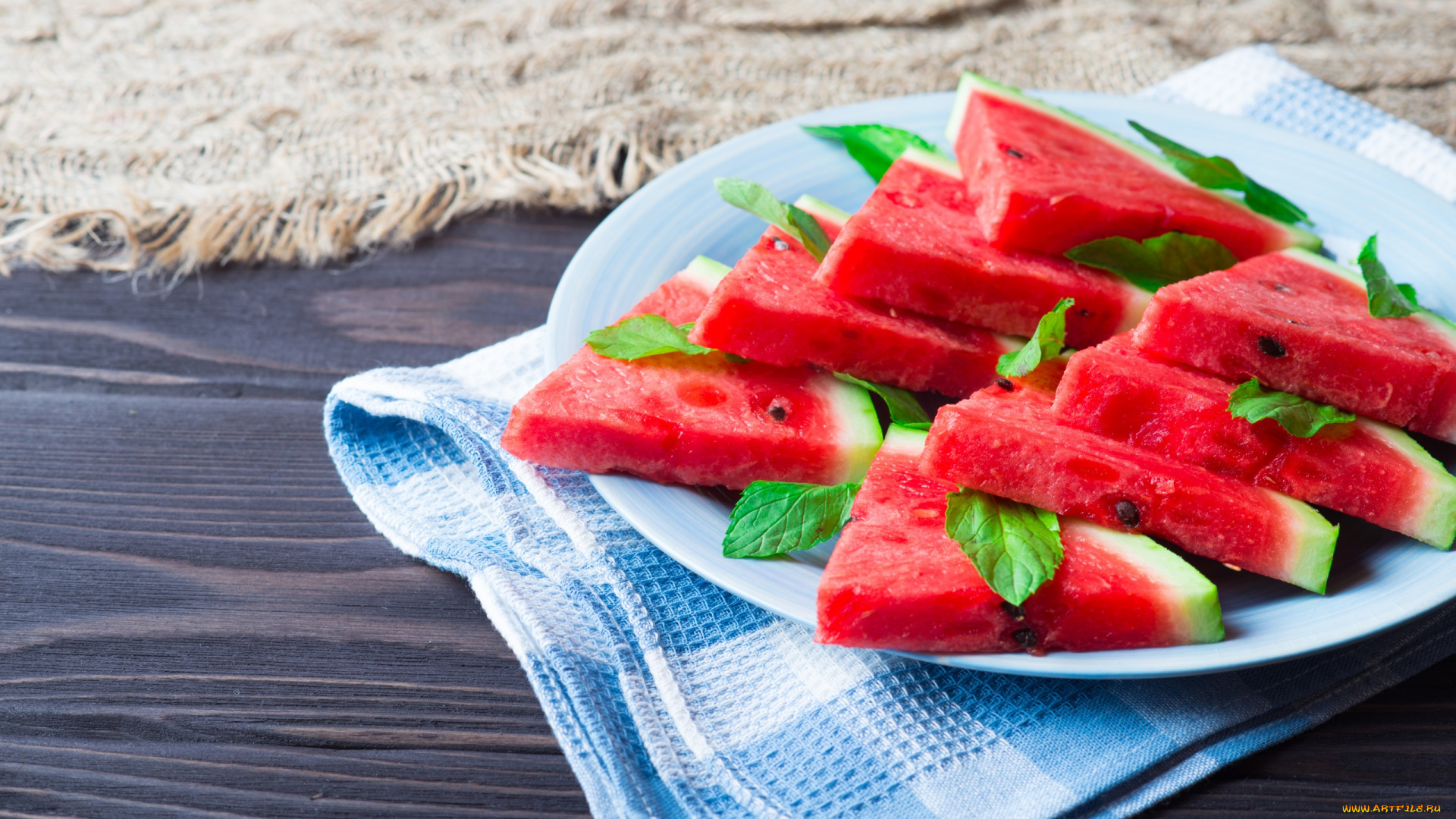 еда, арбуз, мята, дольки, салфетка